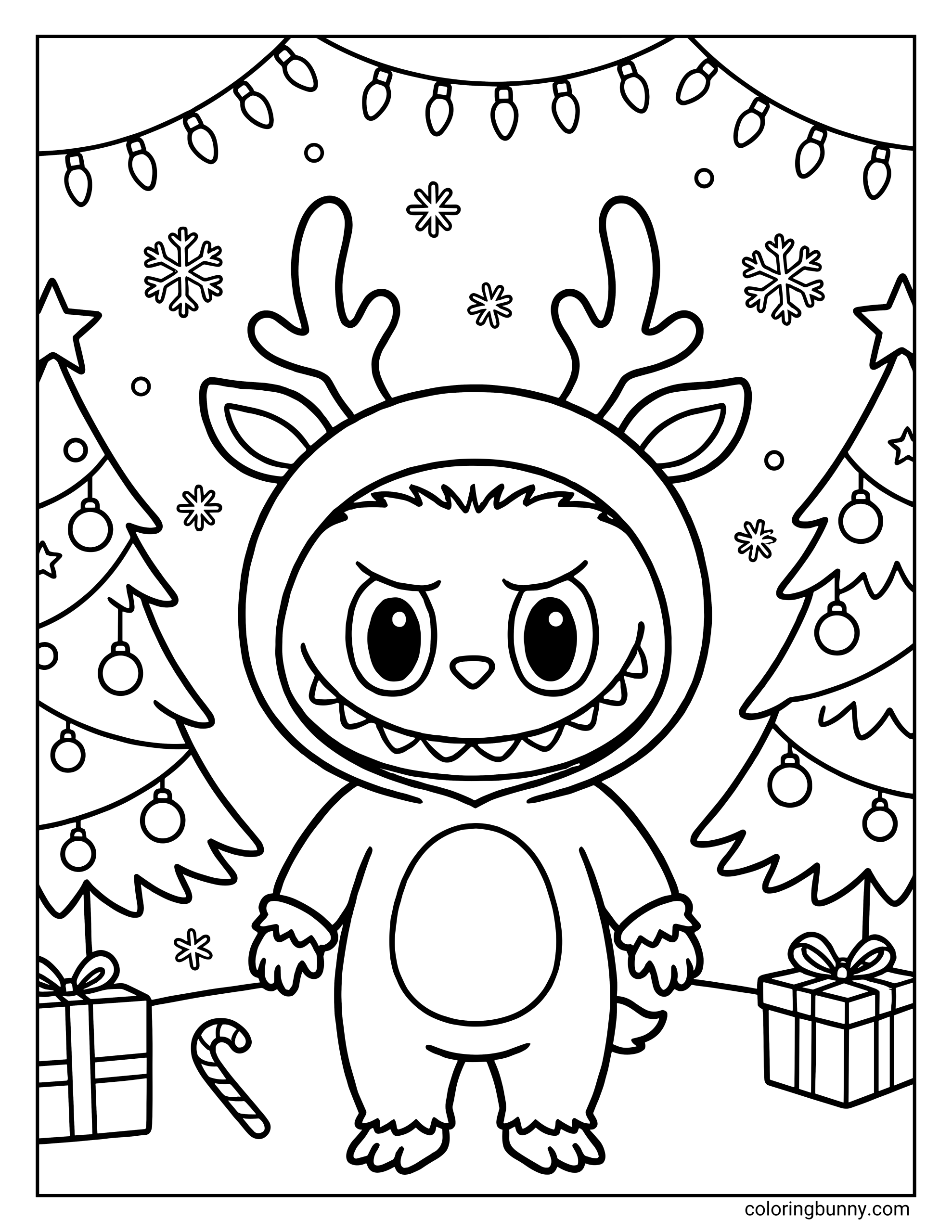 Labubu Christmas coloring page of Labubu wearing a hooded reindeer costume with antlers, standing between two decorated Christmas trees under a string of lights.