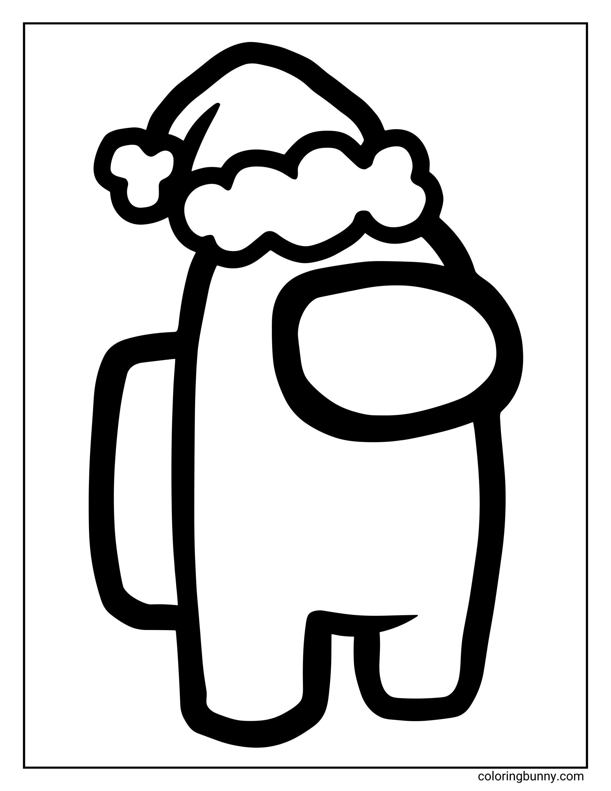 An Among Us coloring page featuring a single crewmate wearing a Santa hat with fluffy trim and a pom-pom. The crewmate is standing upright, facing slightly to the side, with the classic rounded visor and backpack shape.