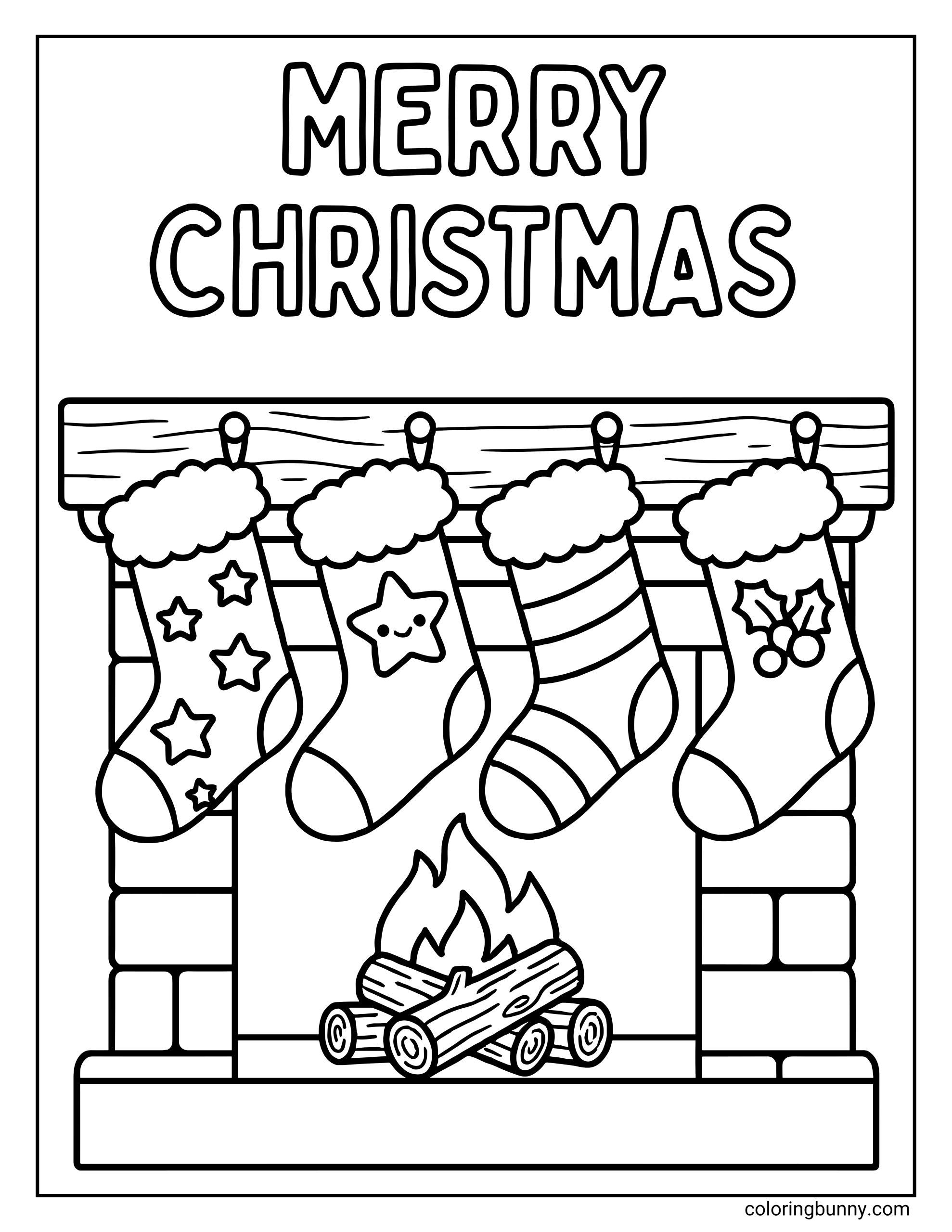 A Christmas coloring page showing four stockings hanging from a wooden mantel above a brick fireplace with logs and flames. Each stocking has a different design, including stars, a single big star, stripes, and holly with berries. The words “Merry Christmas” appear in large letters at the top, and the whole scene is framed inside a simple rectangular border.