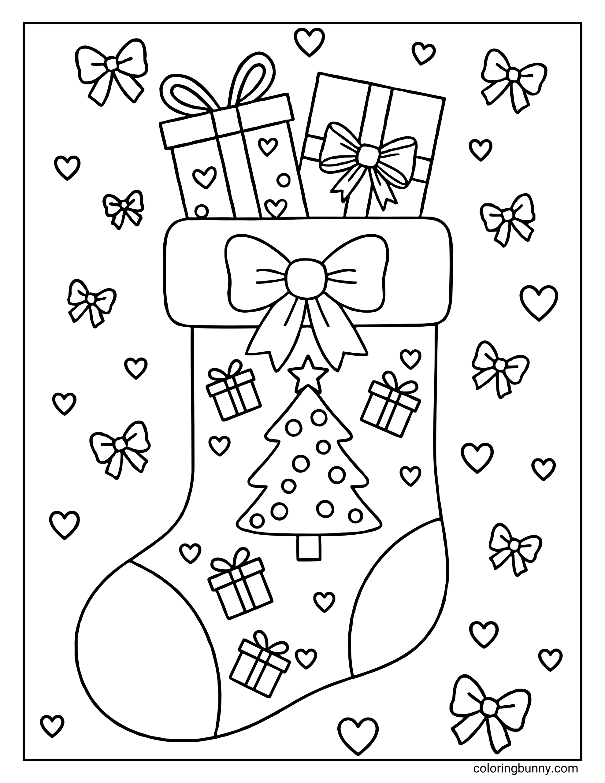 A Christmas stocking coloring page showing a large stocking decorated with a Christmas tree, tiny presents, and hearts. Three wrapped gifts with bows stick out from the top of the stocking. More bows and hearts fill the background, all enclosed in a simple rectangular border.