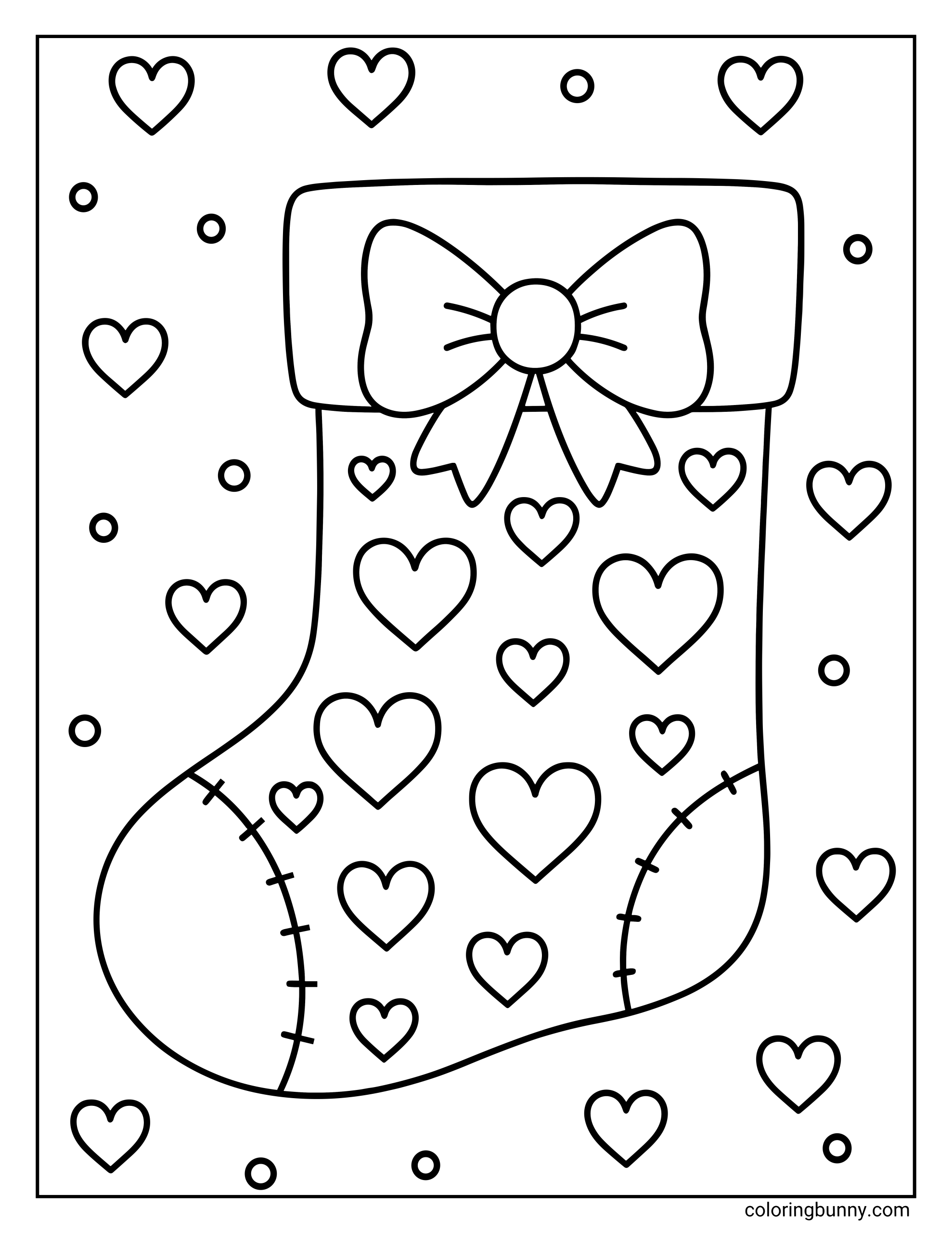 A Christmas stocking coloring page showing a large stocking decorated with many hearts and patch-style stitching near the heel and toe. A big bow sits at the top of the stocking, and the background is filled with hearts and small circles, all inside a rectangular border.