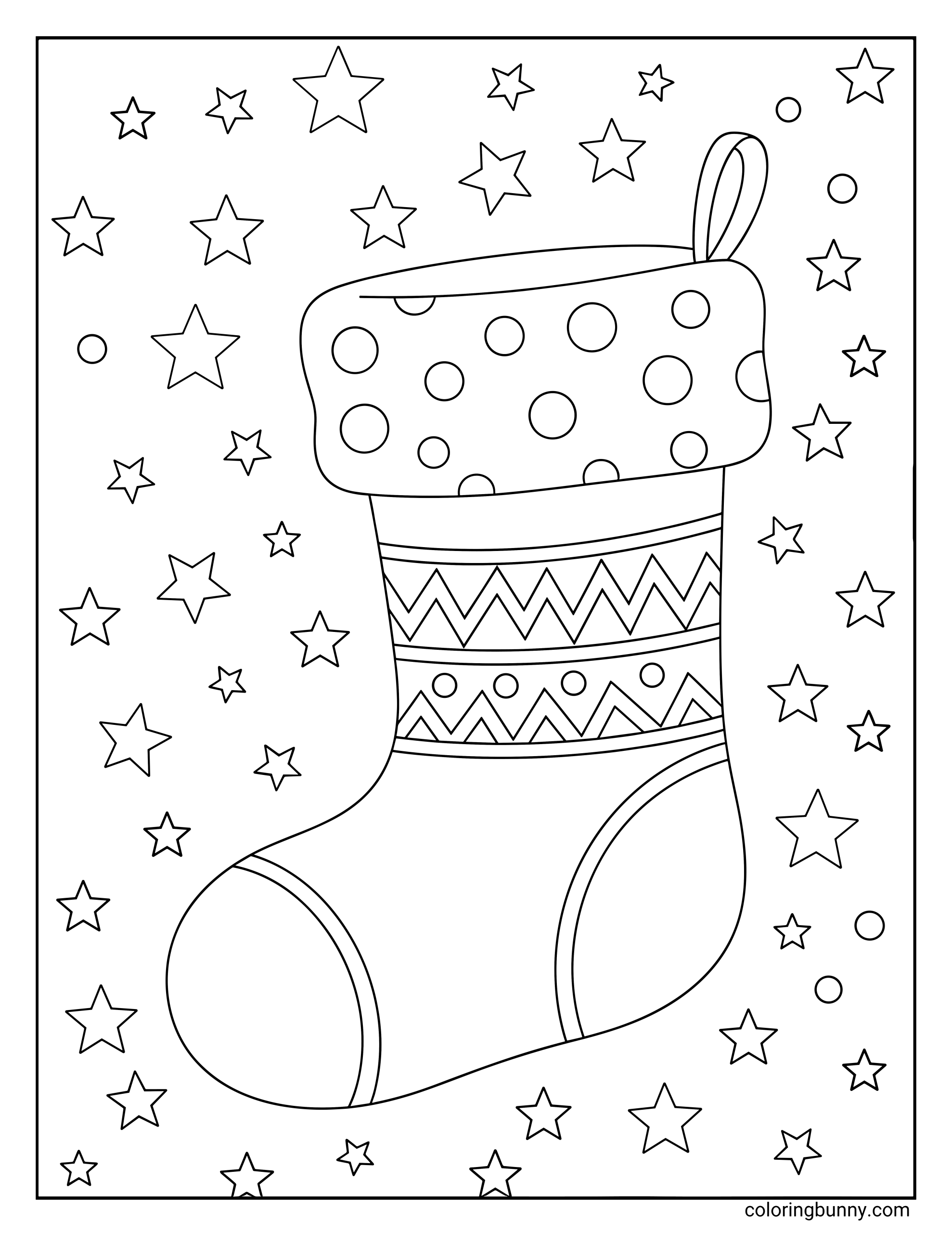 Christmas stocking coloring page featuring a polka dot and zigzag pattern surrounded by stars.