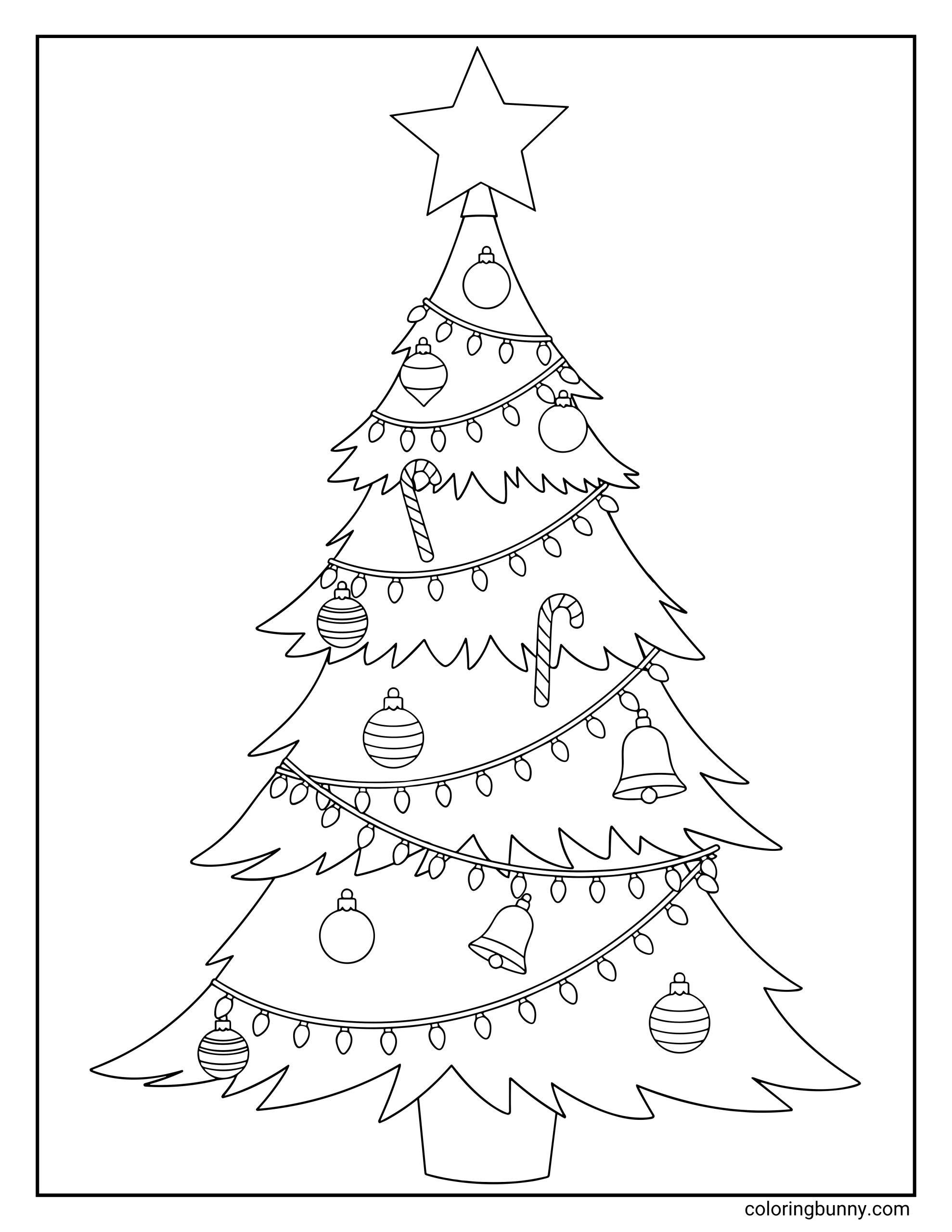 A coloring sheet featuring a tall Christmas tree topped with a large star. The branches are draped with string lights and decorated with hanging bells, round baubles, and candy canes.