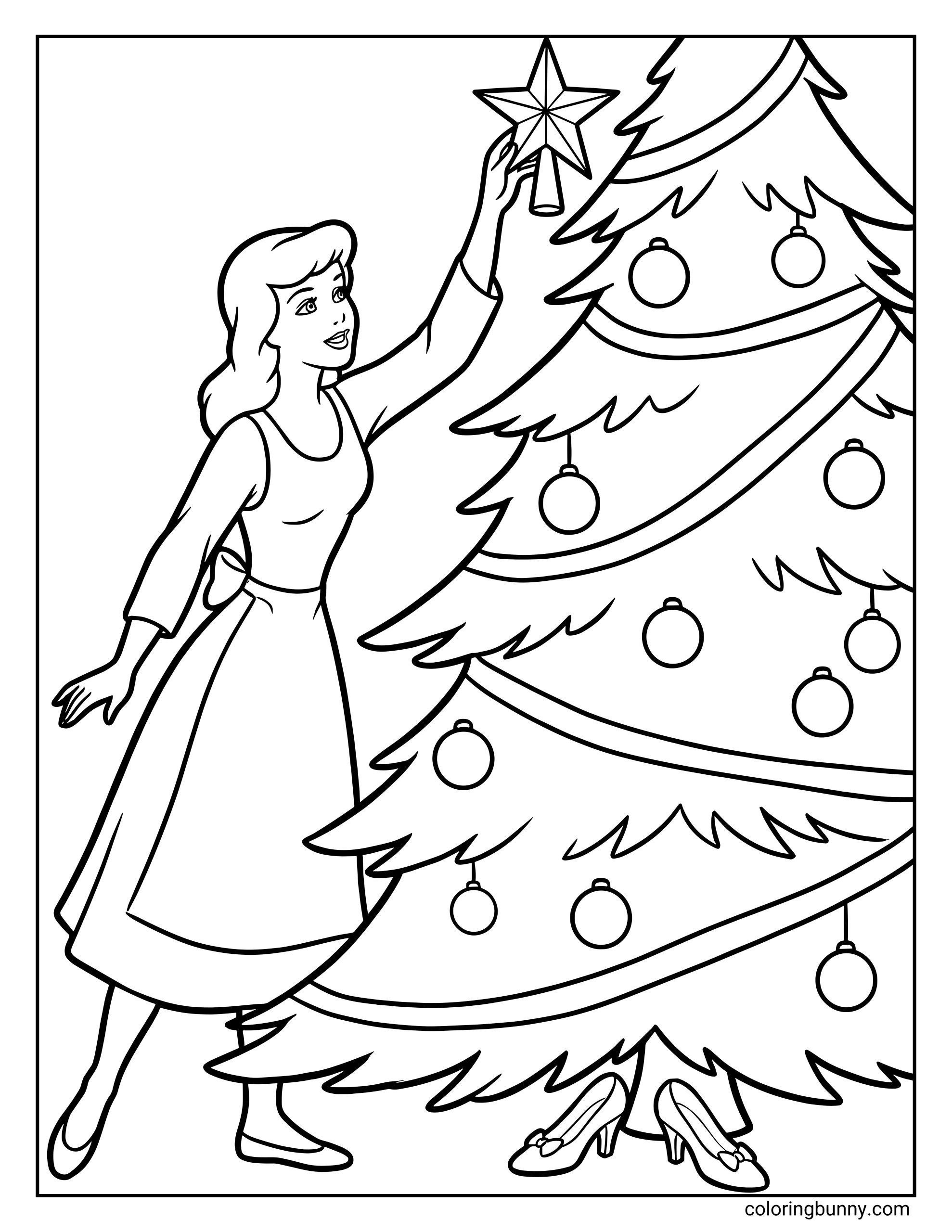 A Disney Christmas coloring page of Cinderella reaching up to place a star on top of a decorated Christmas tree, wearing a long dress with tied apron, surrounded by hanging ornaments, garlands, and a pair of glass slippers peeking out beneath the tree.