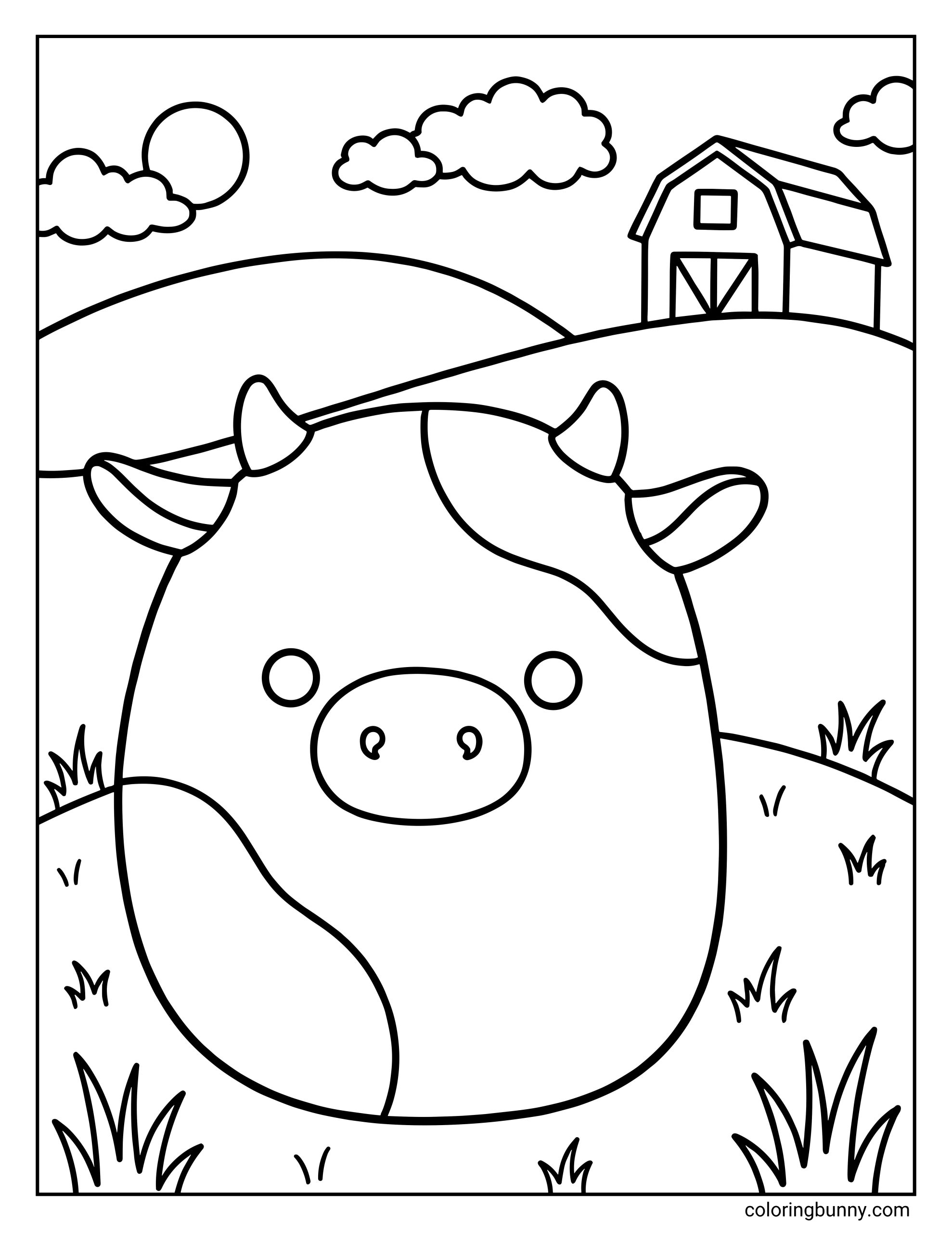 A Squishmallow coloring page of Connor the Cow standing in a peaceful farm setting, with his rounded plush body, small horns, floppy ears, and signature cow markings clearly outlined. In the background, rolling hills stretch toward a simple barn under a sunny sky with fluffy clouds, while grass and plants frame the foreground, creating a calm countryside scene.