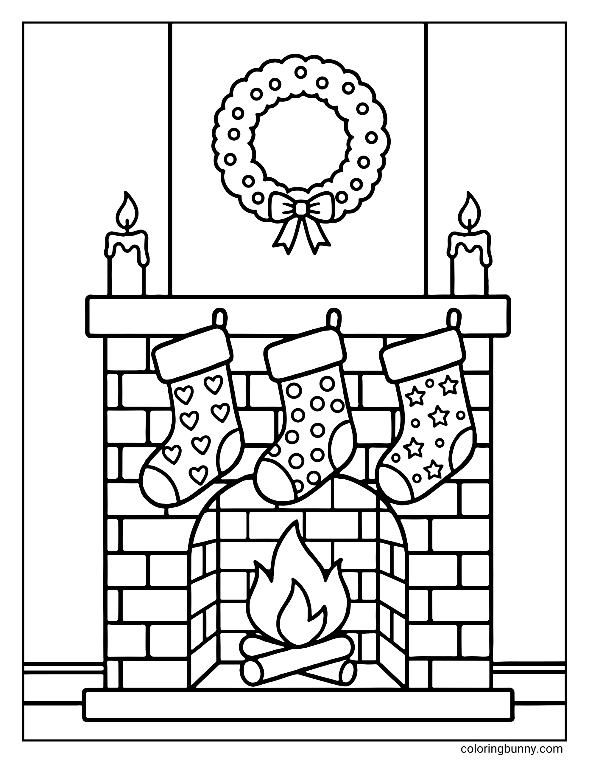 A Christmas stocking coloring page showing three different stockings hanging on a fireplace mantelpiece with a fire burning below.