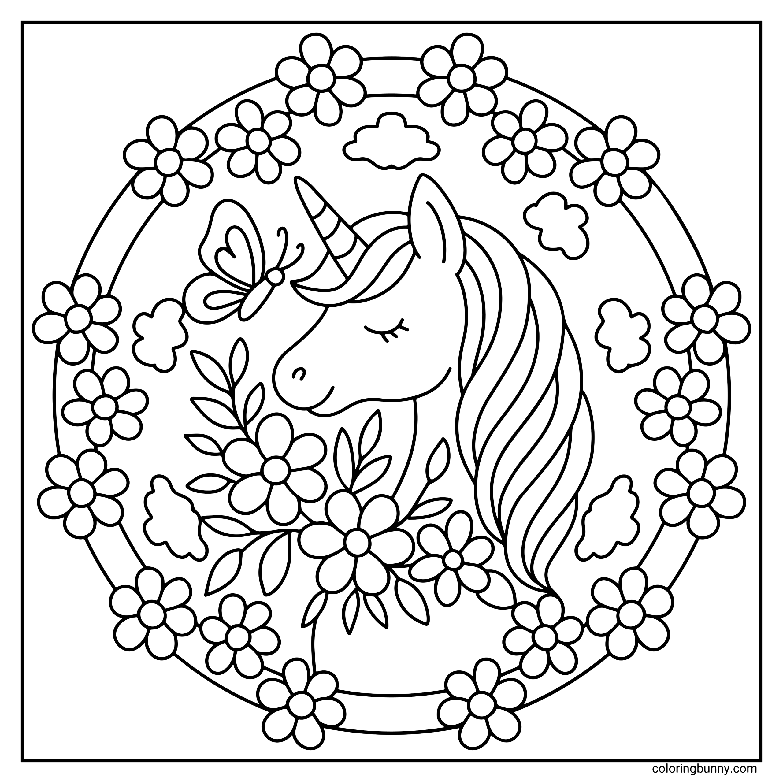A hand-drawn unicorn mandala coloring page featuring a graceful unicorn with a flowing mane, eyes gently closed, and a butterfly resting near its horn. The unicorn is surrounded by a circular wreath of flowers, leaves, and soft cloud shapes, creating a calm, balanced mandala design perfect for relaxing coloring.