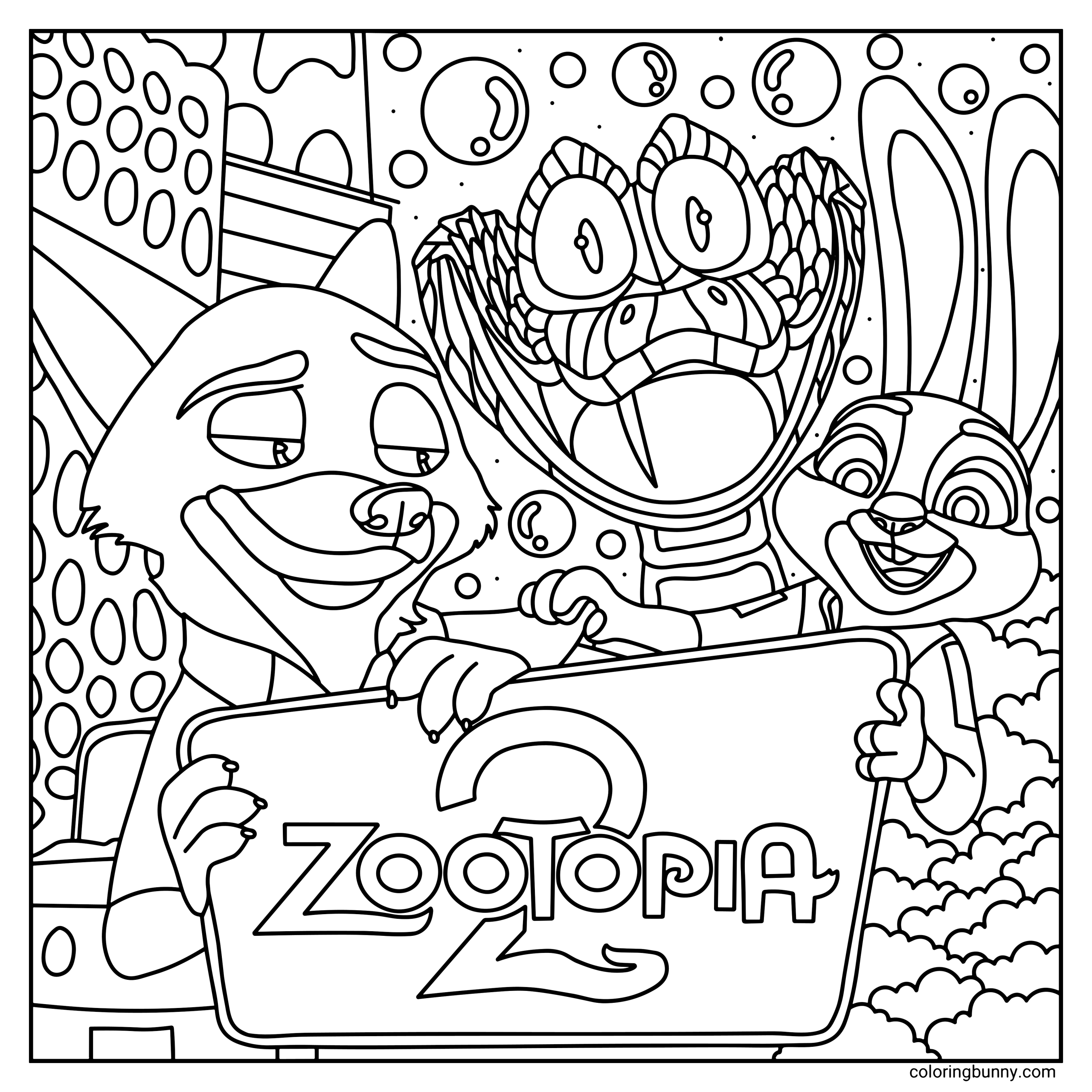 A hand-drawn cozy Zootopia coloring page featuring Nick Wilde and Judy Hopps holding a large Zootopia 2 sign while Gary De Snake rises behind them, surrounded by bubbly details and city buildings in the background.