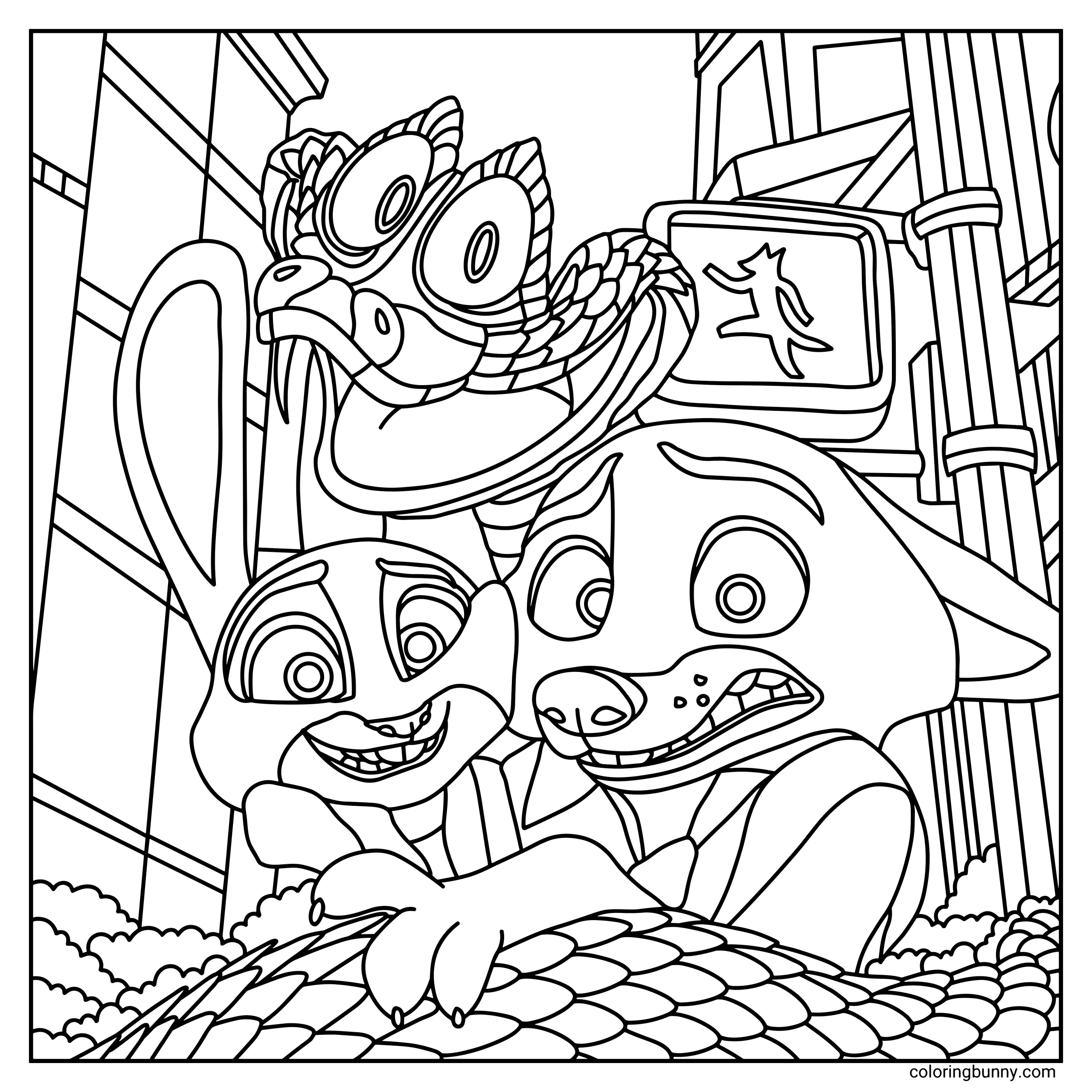 A hand-drawn cozy Zootopia coloring page featuring Judy Hopps and Nick Wilde leaning close together with wide, playful expressions, while Gary De Snake coils above them against a city backdrop with buildings and a crossing sign.