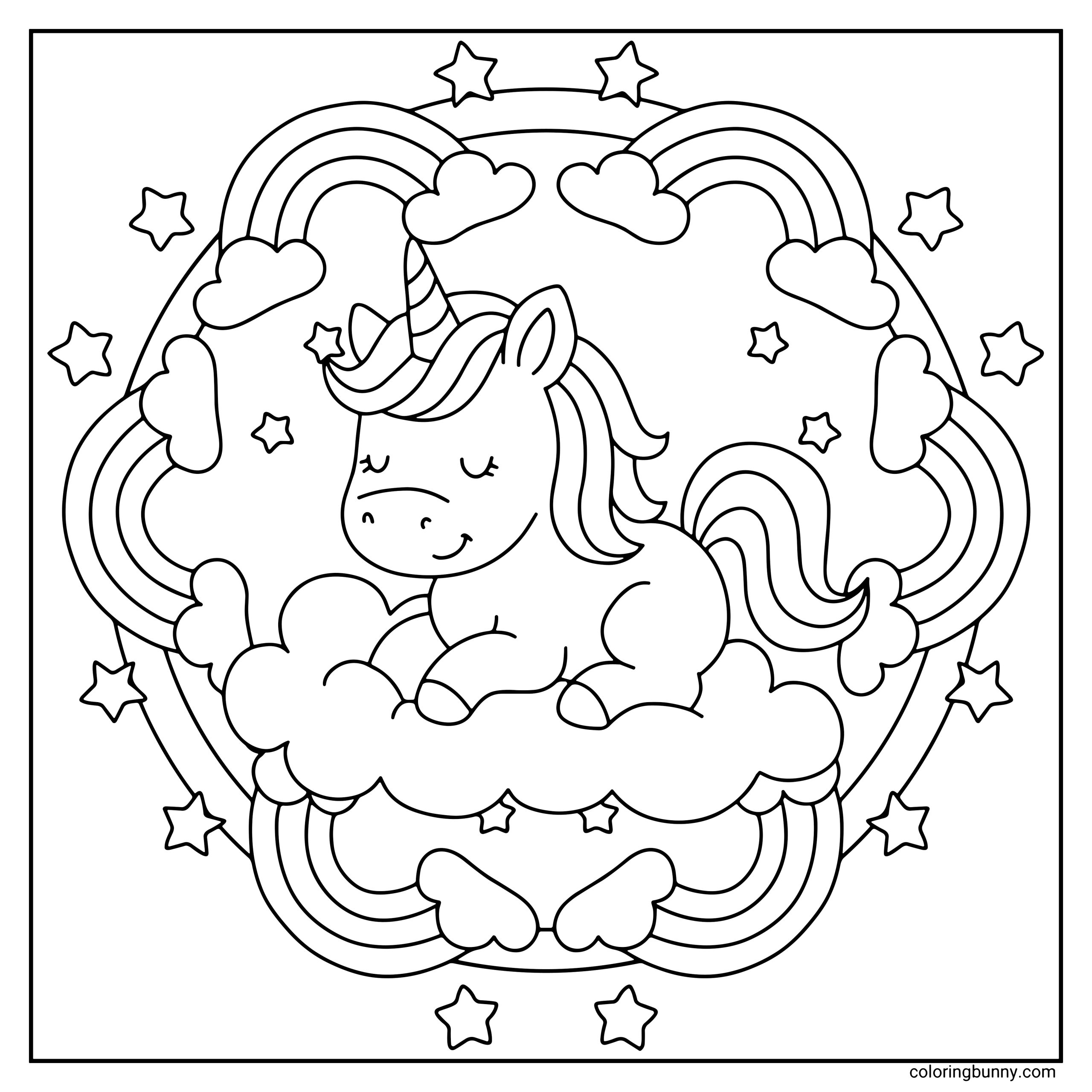 A hand-drawn cute and simple cozy unicorn mandala coloring page featuring a peaceful unicorn resting on fluffy clouds with its eyes closed. The unicorn is surrounded by looping rainbows, soft clouds, and scattered stars arranged in a circular mandala design that feels calm and dreamy.