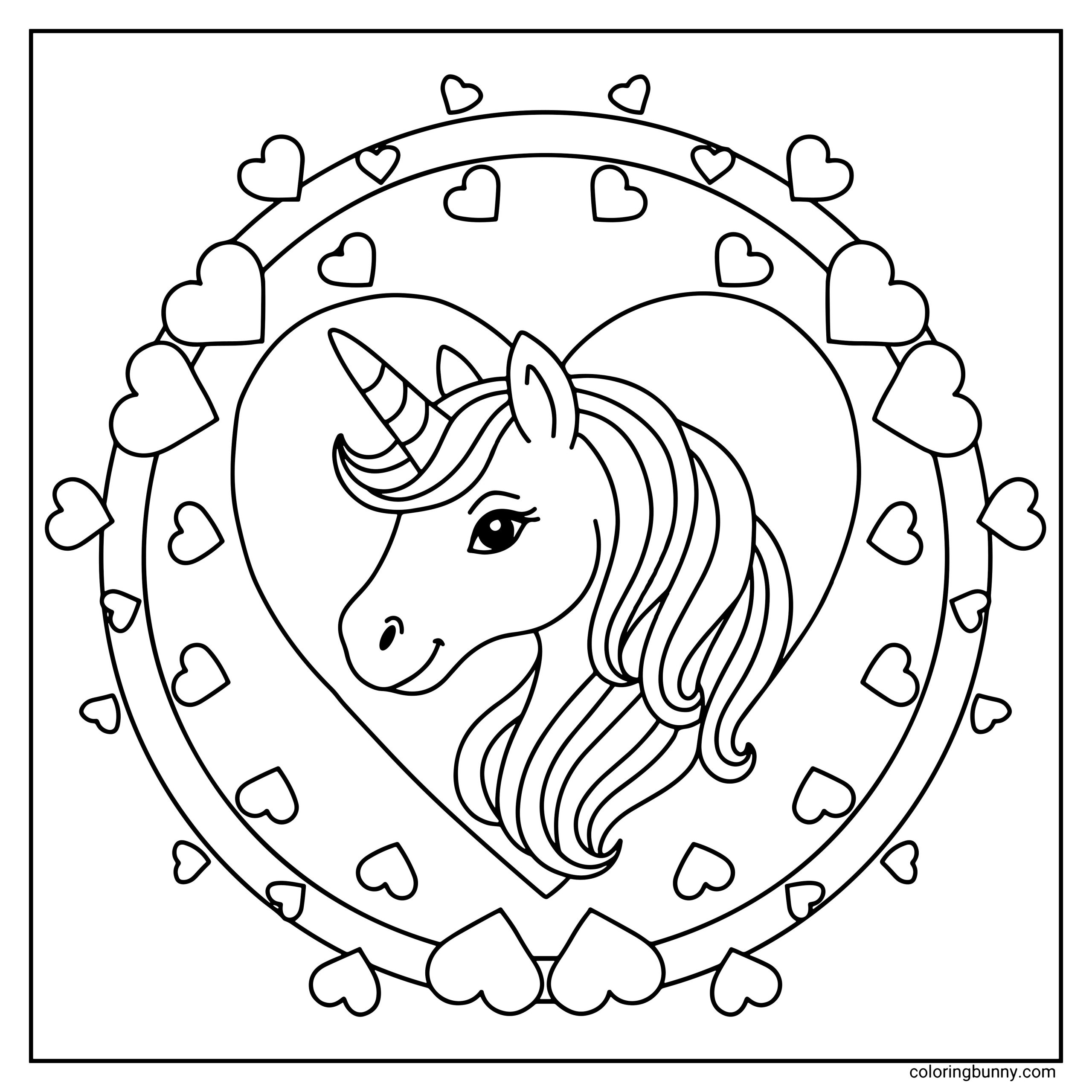 A simple and cozy hand-drawn unicorn mandala coloring page featuring a graceful unicorn head with a flowing mane, centered inside a heart-shaped frame. The design is surrounded by layered heart patterns and circular details, creating a soft, magical, and love-filled composition perfect for relaxing coloring.