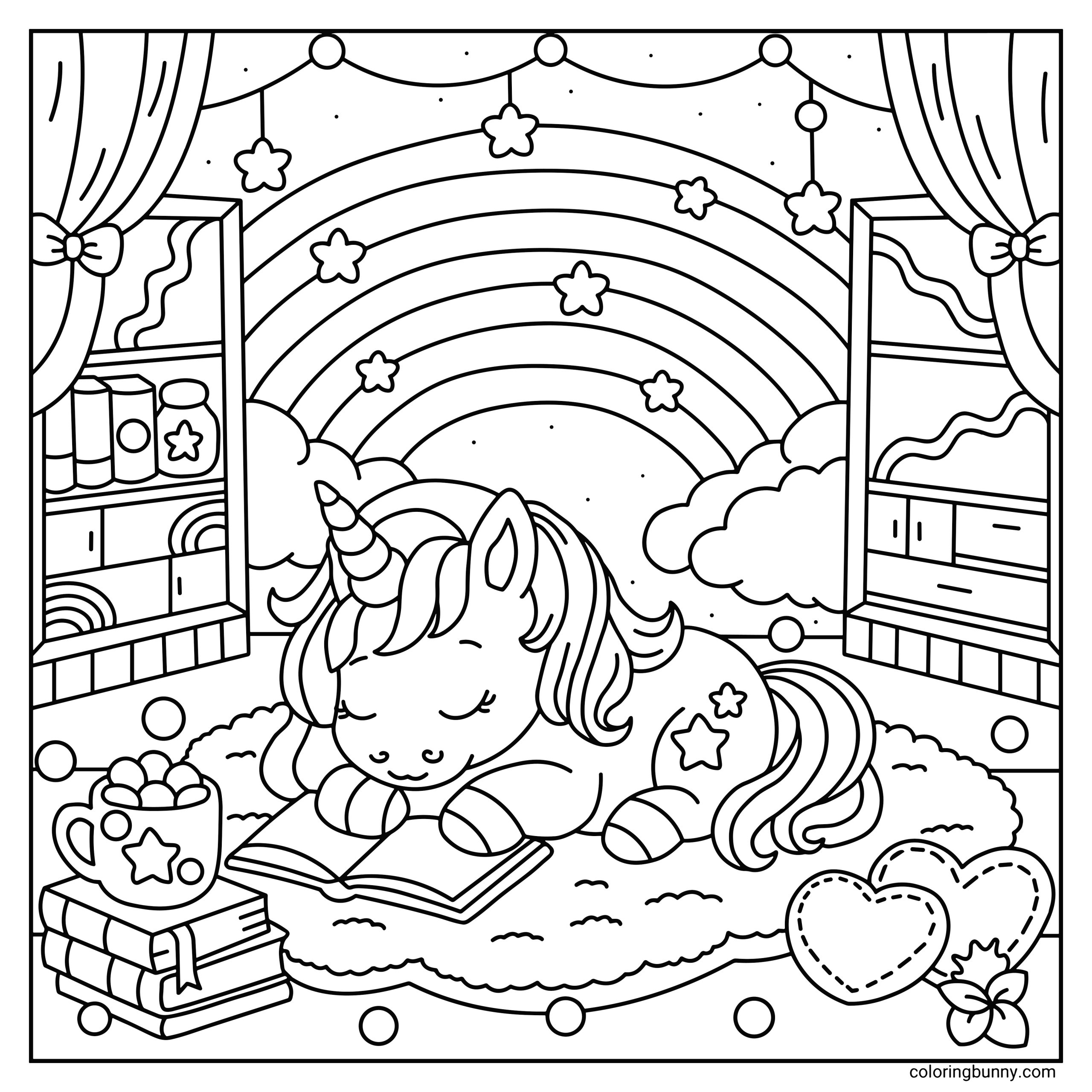 A hand-drawn cozy unicorn coloring page featuring a sleeping unicorn resting on an open book in a magical bedroom, with a rainbow arched overhead, fluffy clouds, twinkling stars, bookshelves, soft curtains, and warm fairy-light details.