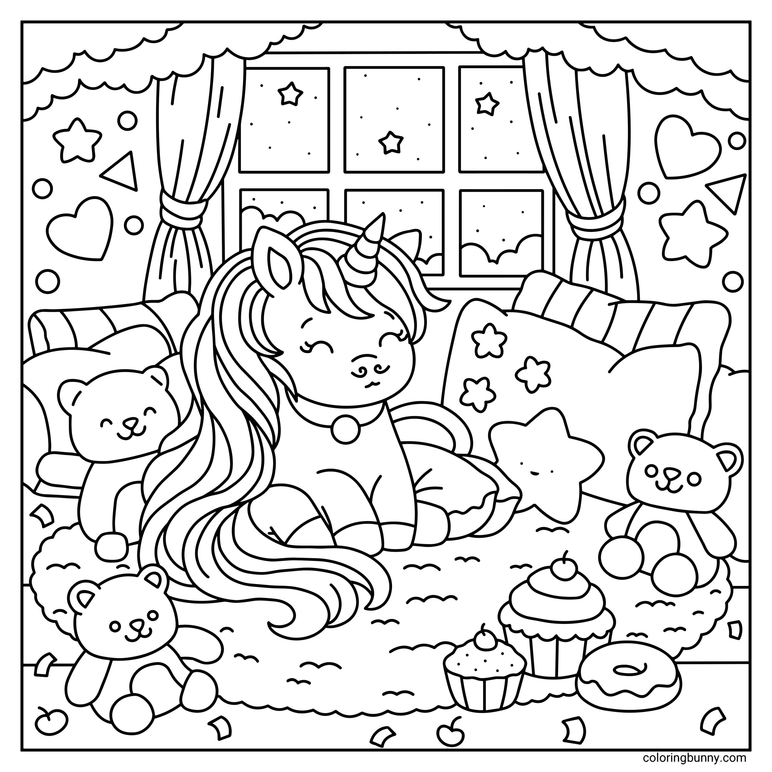 A hand-drawn cozy unicorn coloring page featuring a cute unicorn resting in a magical playroom, surrounded by plush pillows, teddy bears, star-shaped cushions, cupcakes, and a softly lit window with stars outside.