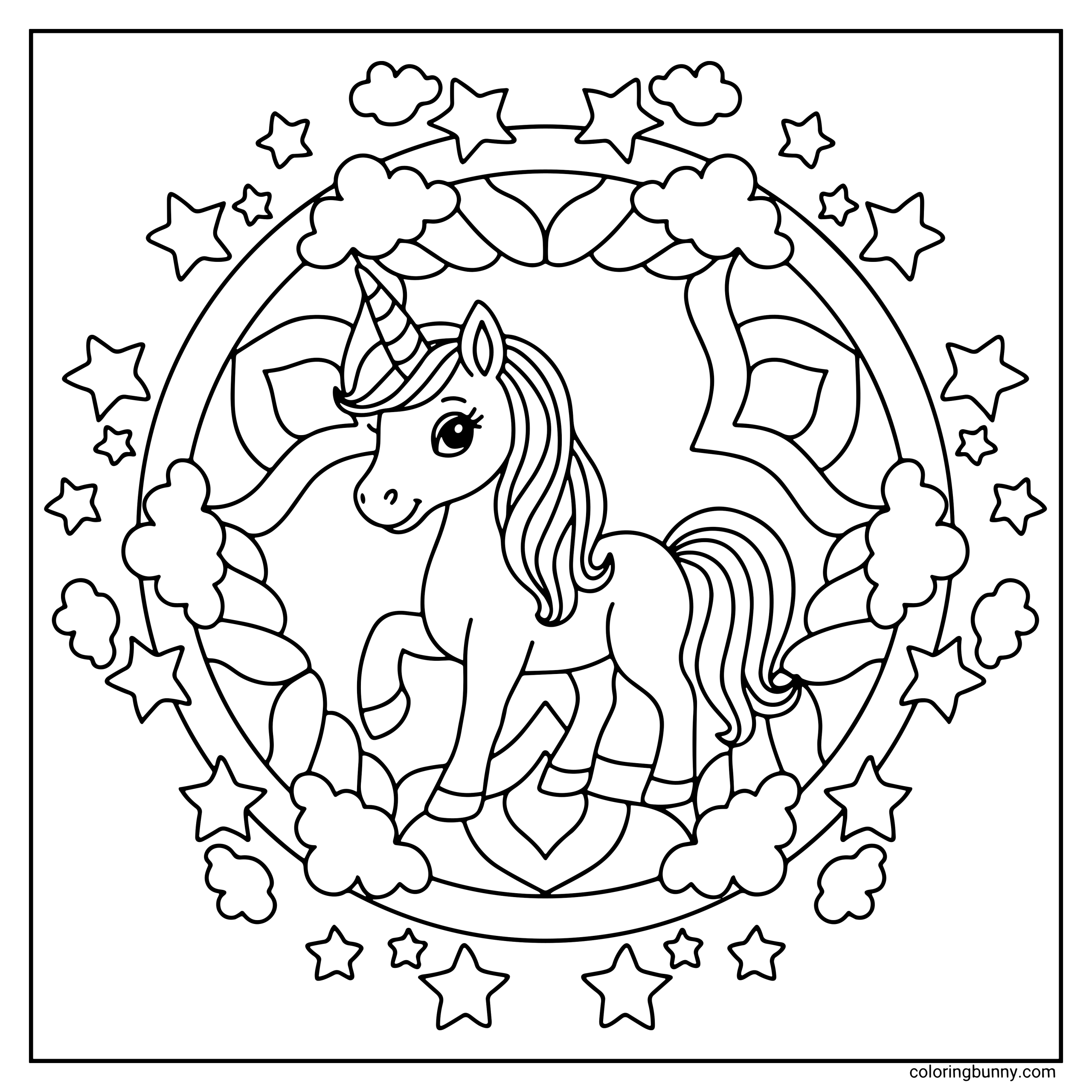 A cozy hand-drawn unicorn mandala coloring page featuring a graceful unicorn standing inside a circular frame filled with stars, clouds, and flowing shapes. The unicorn has a long wavy mane and tail, a spiraled horn, and a gentle pose, surrounded by symmetrical mandala-style patterns that create a calm, magical feel.