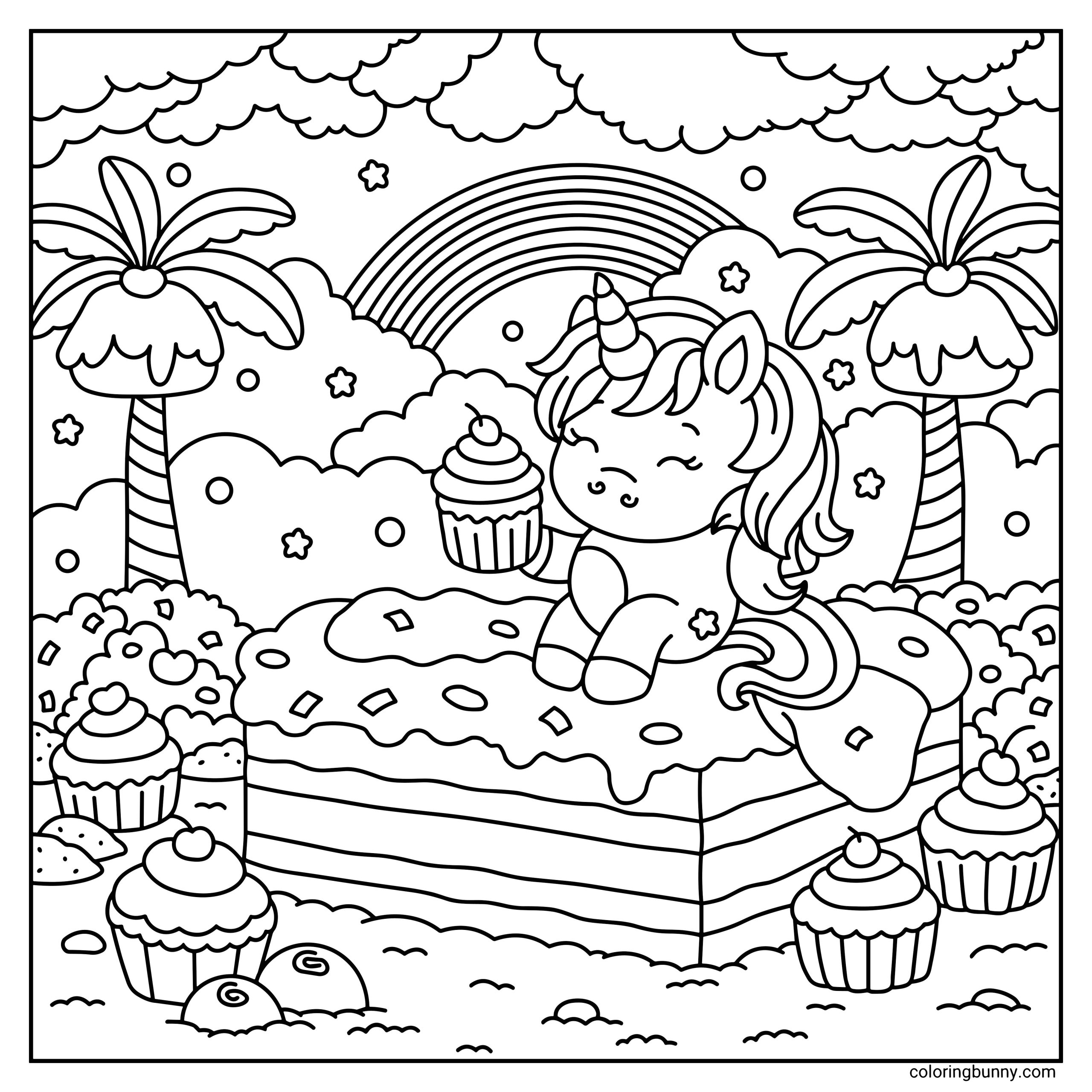 A hand-drawn cozy unicorn coloring page featuring a cute unicorn holding a cupcake while sitting on a frosted cake in a tropical fantasy scene, surrounded by palm trees, cupcakes, candy-like treats, fluffy clouds, and a rainbow in the sky.
