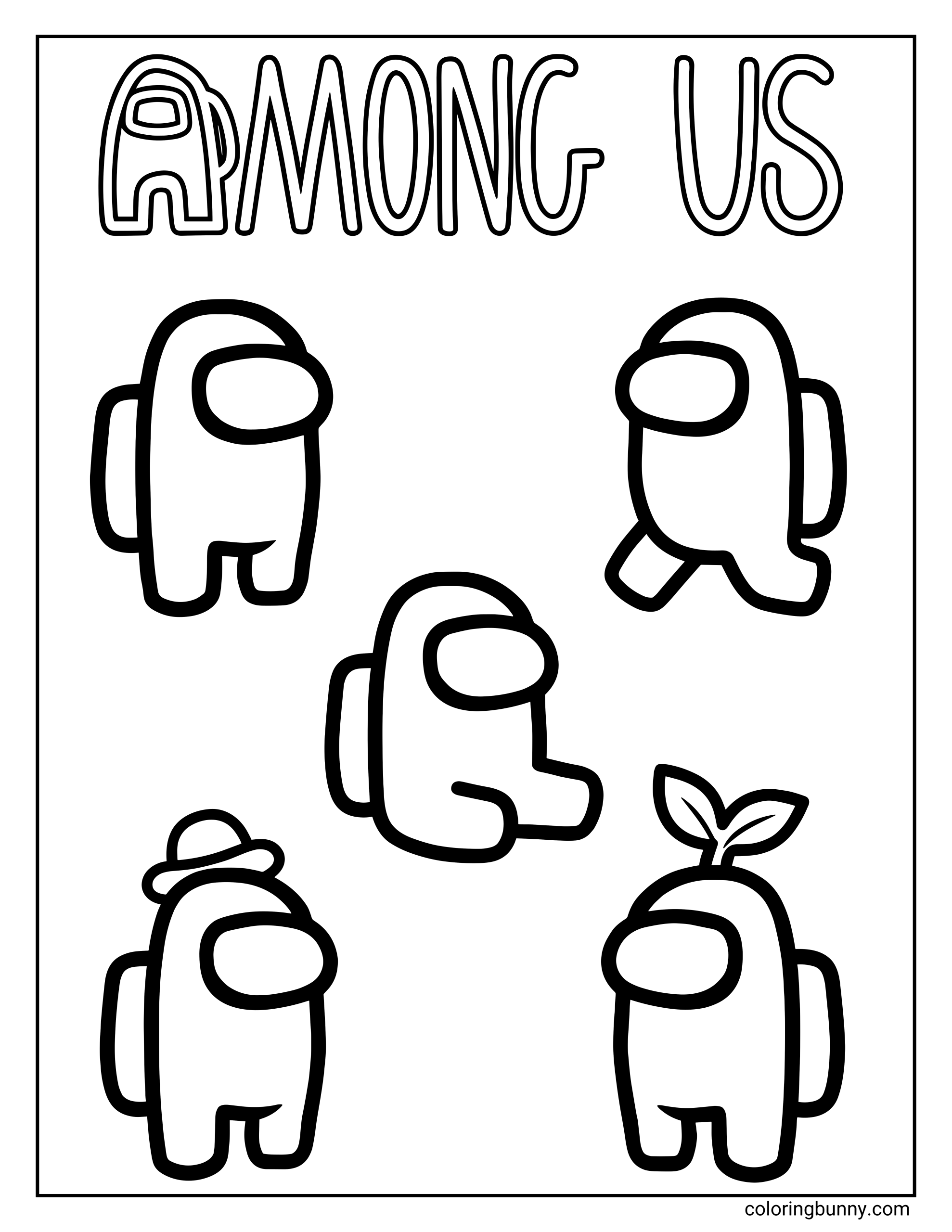 An Among Us coloring page featuring five simple crewmate characters in different poses, including standing, walking, and sitting positions, with small cosmetic details like a sprout and a hat, with the Among Us logo above.