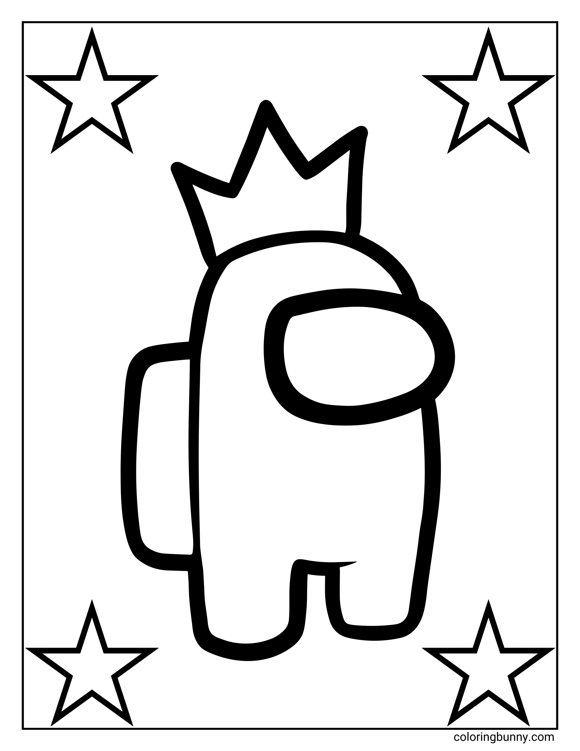 An Among Us coloring page featuring a crewmate wearing a crown hat, surrounded by star shapes in the corners.