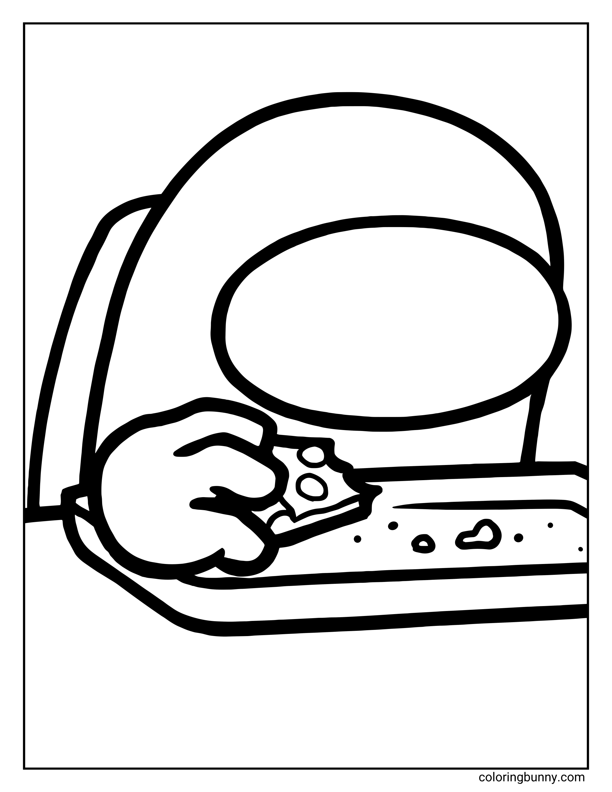 A simple Among Us coloring page showing a crewmate sitting at a table and eating a slice of pizza, with crumbs on the surface.