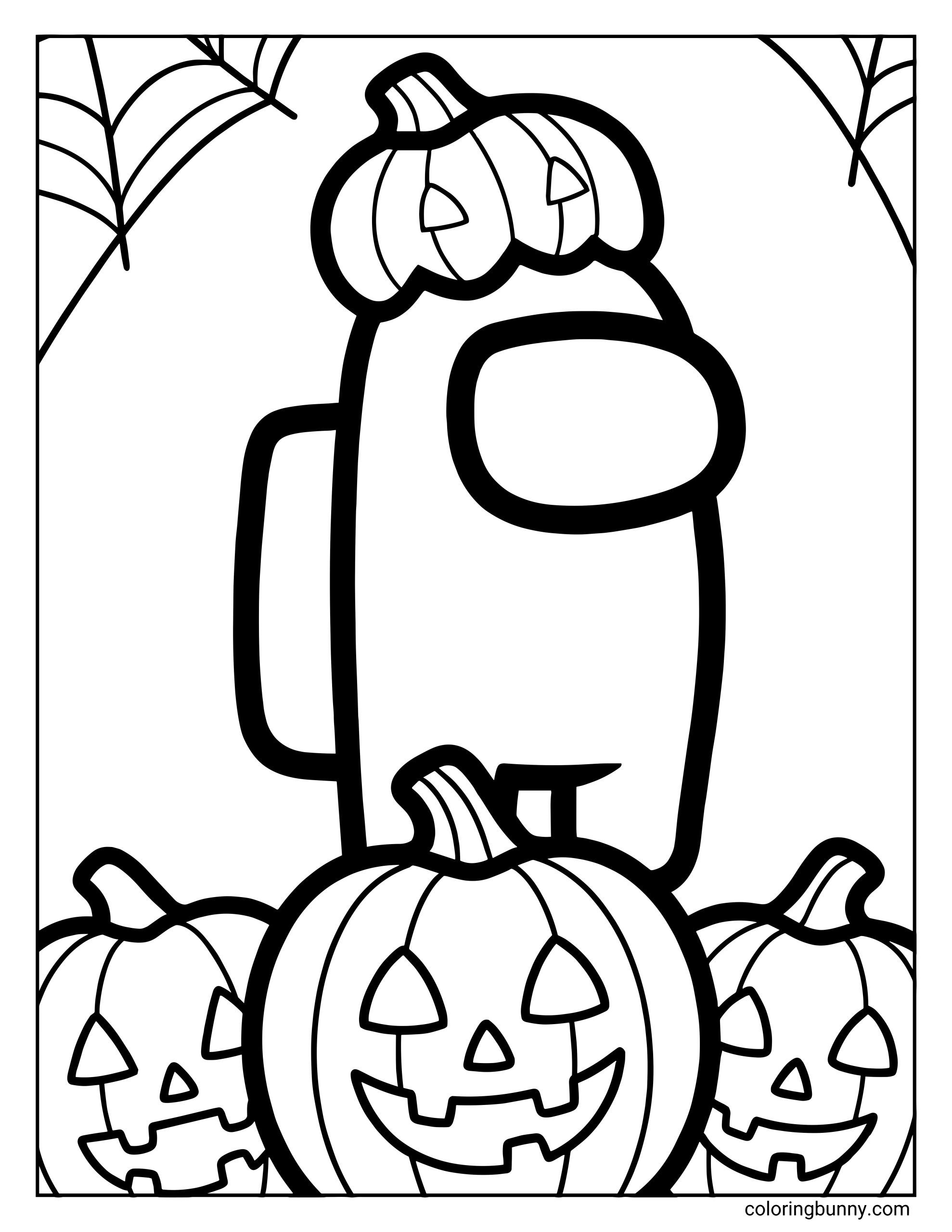 An Among Us Halloween coloring page showing a crewmate wearing a pumpkin hat, surrounded by smiling jack-o’-lantern pumpkins and spooky spiderweb details.