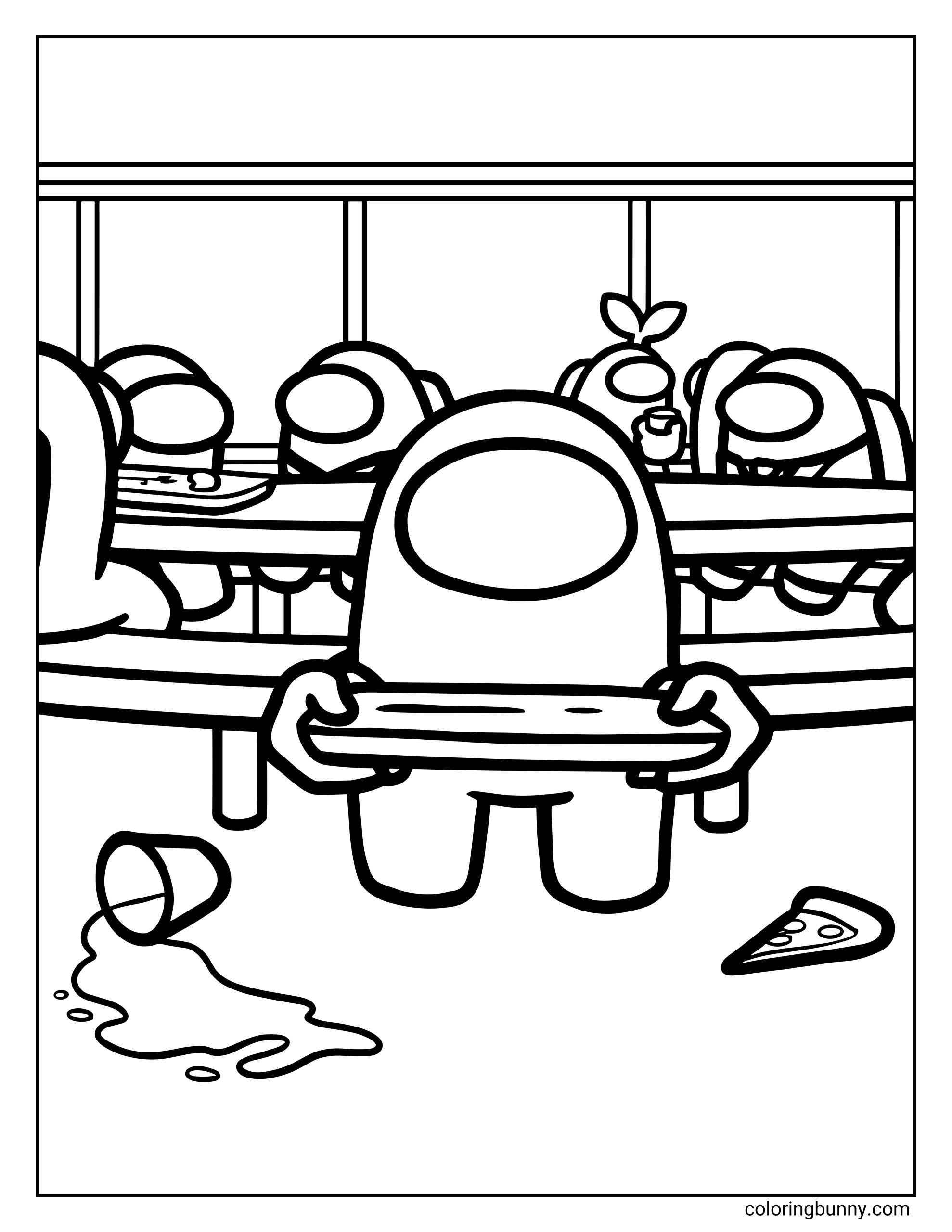 An Among Us coloring page showing crewmates sitting at a long cafeteria table during lunch, with one crewmate in the foreground holding a tray, a spilled drink on the floor, and a slice of pizza nearby, indicating that the character has just seen the imposter.