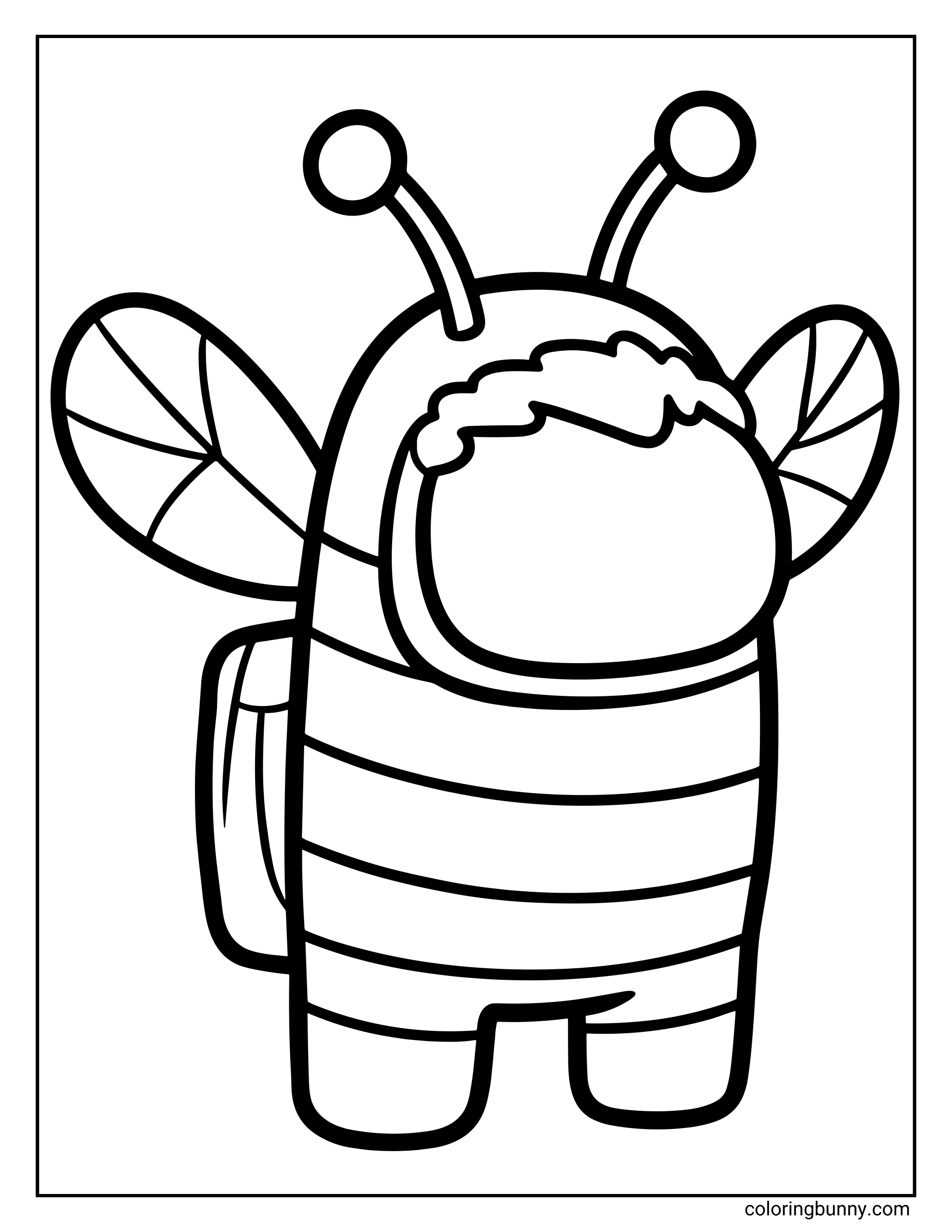 A cute Among Us–style coloring page featuring a crewmate dressed as a bumblebee, with striped body, small wings, antennae on the helmet, and a backpack.