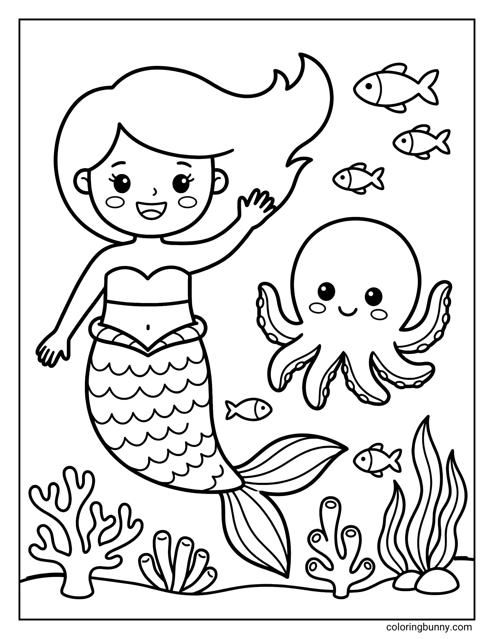 A cute coloring page of a smiling mermaid with flowing hair waving her hand next to a happy octopus, surrounded by five small swimming fish, coral, and seaweed at the bottom.