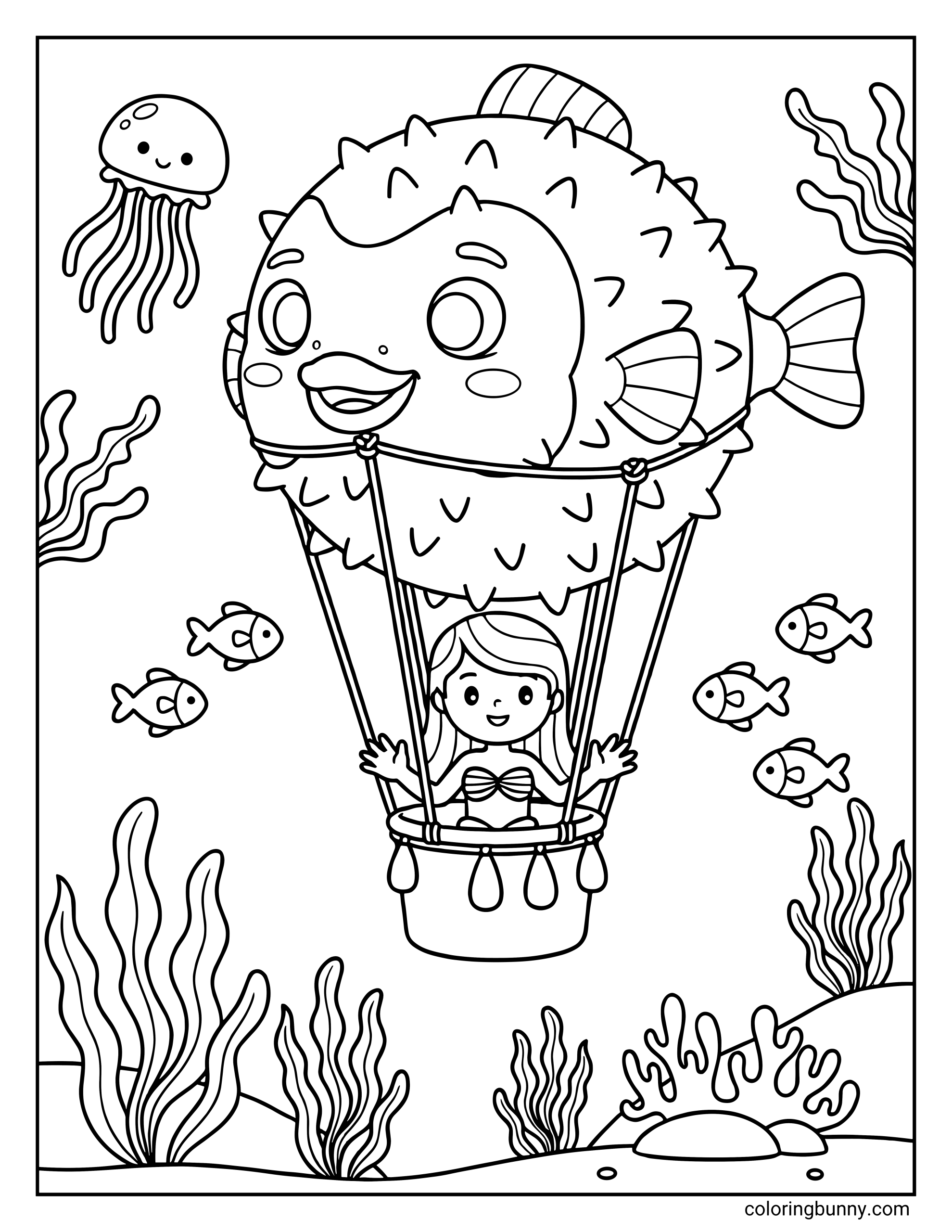 A coloring page showing a mermaid riding in a basket suspended from a giant pufferfish acting as a hot air balloon, surrounded by seaweed, small fish, and a jellyfish.