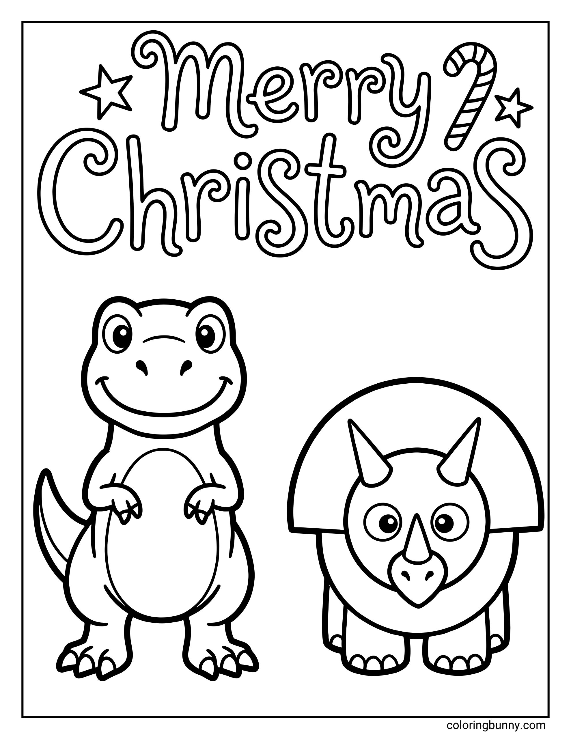 A simple Christmas coloring page with a “Merry Christmas” message above two cute baby dinosaurs - a smiling T-Rex and a round Triceratops.