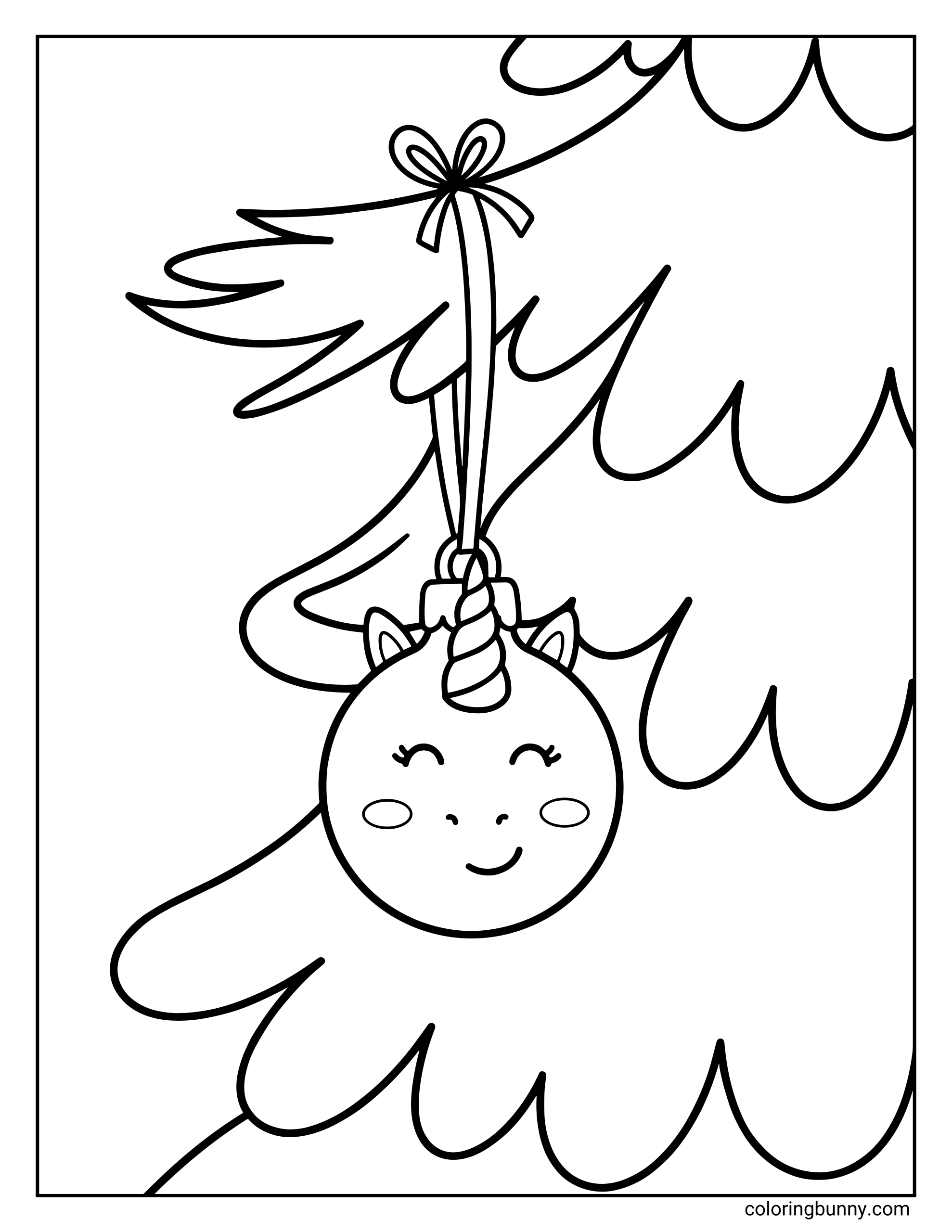A Unicorn Christmas coloring page featuring a cute unicorn-themed tree bauble hanging from a ribbon on a Christmas tree branch.