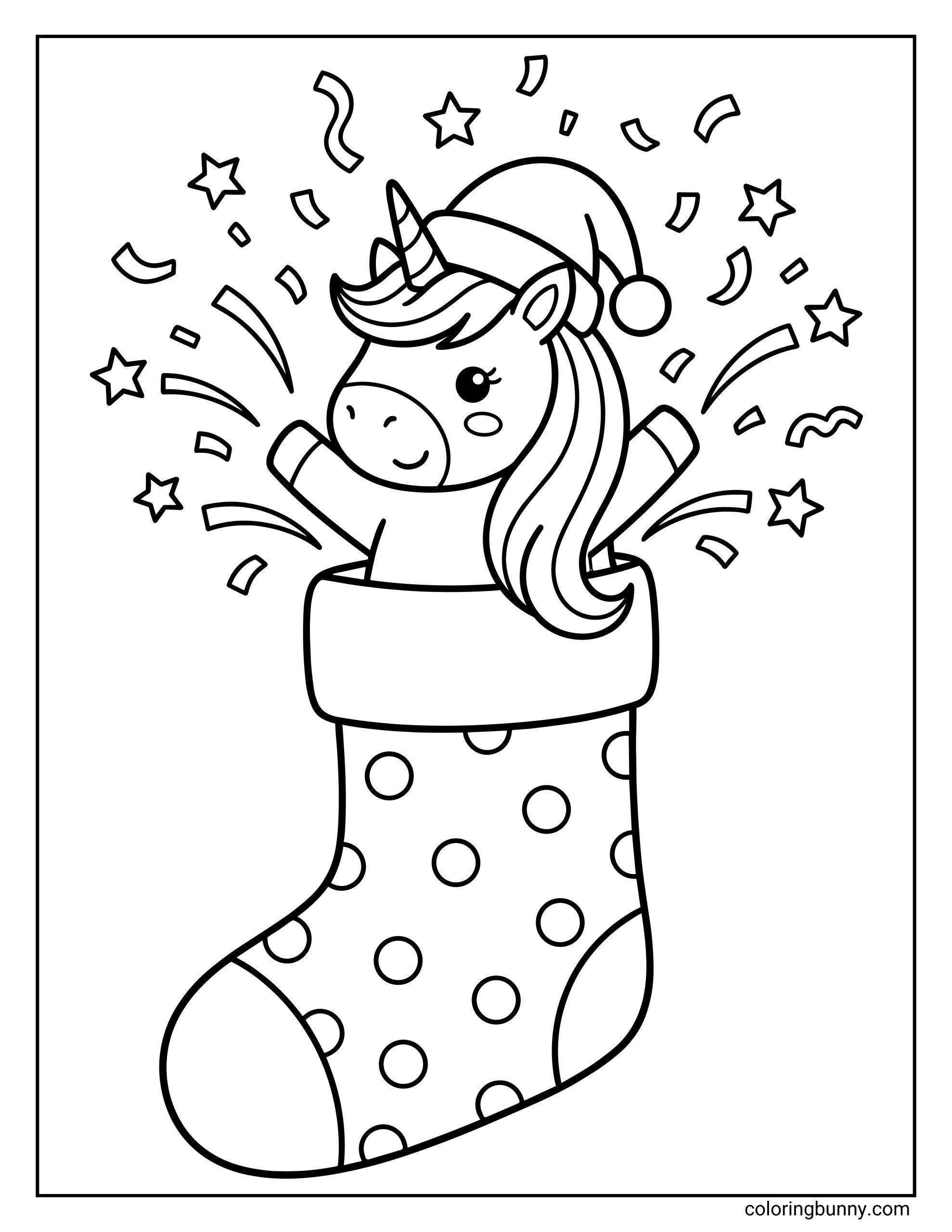 A Unicorn Christmas coloring page featuring a cute unicorn popping out of a simple polka-dot Christmas stocking, surrounded by stars and confetti.