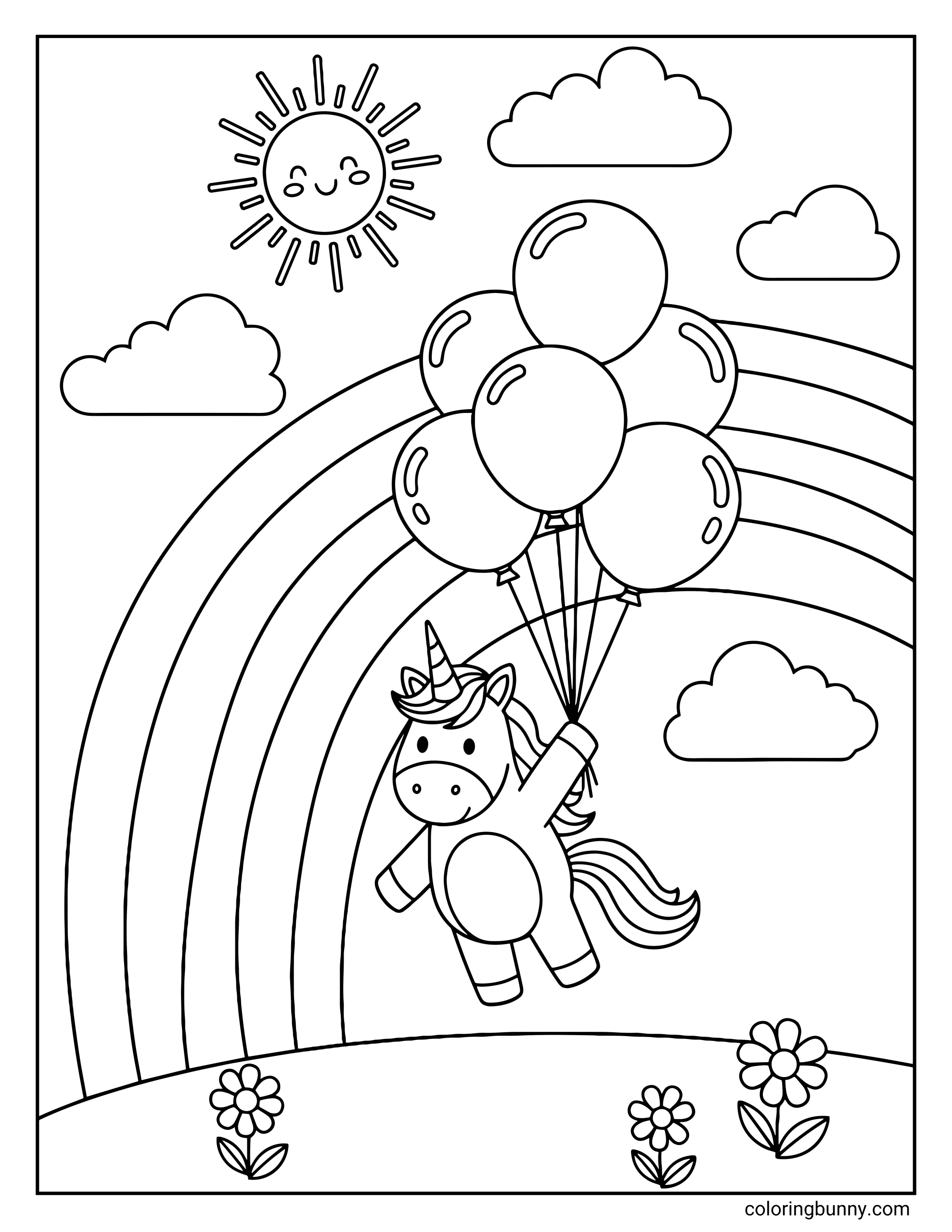 A cute unicorn coloring page showing a chubby pony being lifted into the air by a large bunch of round balloons tied to its body with strings.