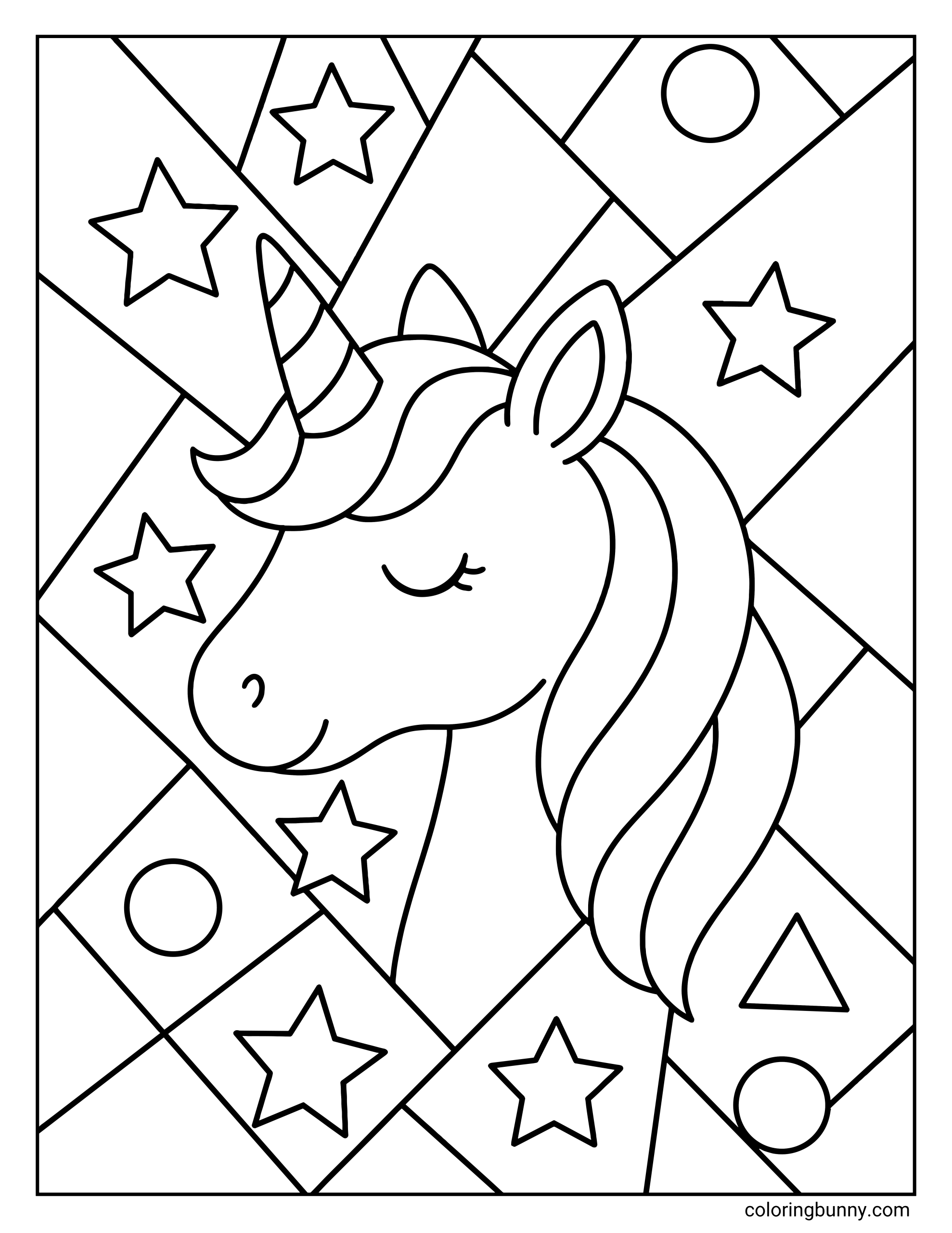 A coloring page of a unicorn head in profile with closed eyes and a flowing mane, set against a geometric background filled with stars, circles, and triangles.