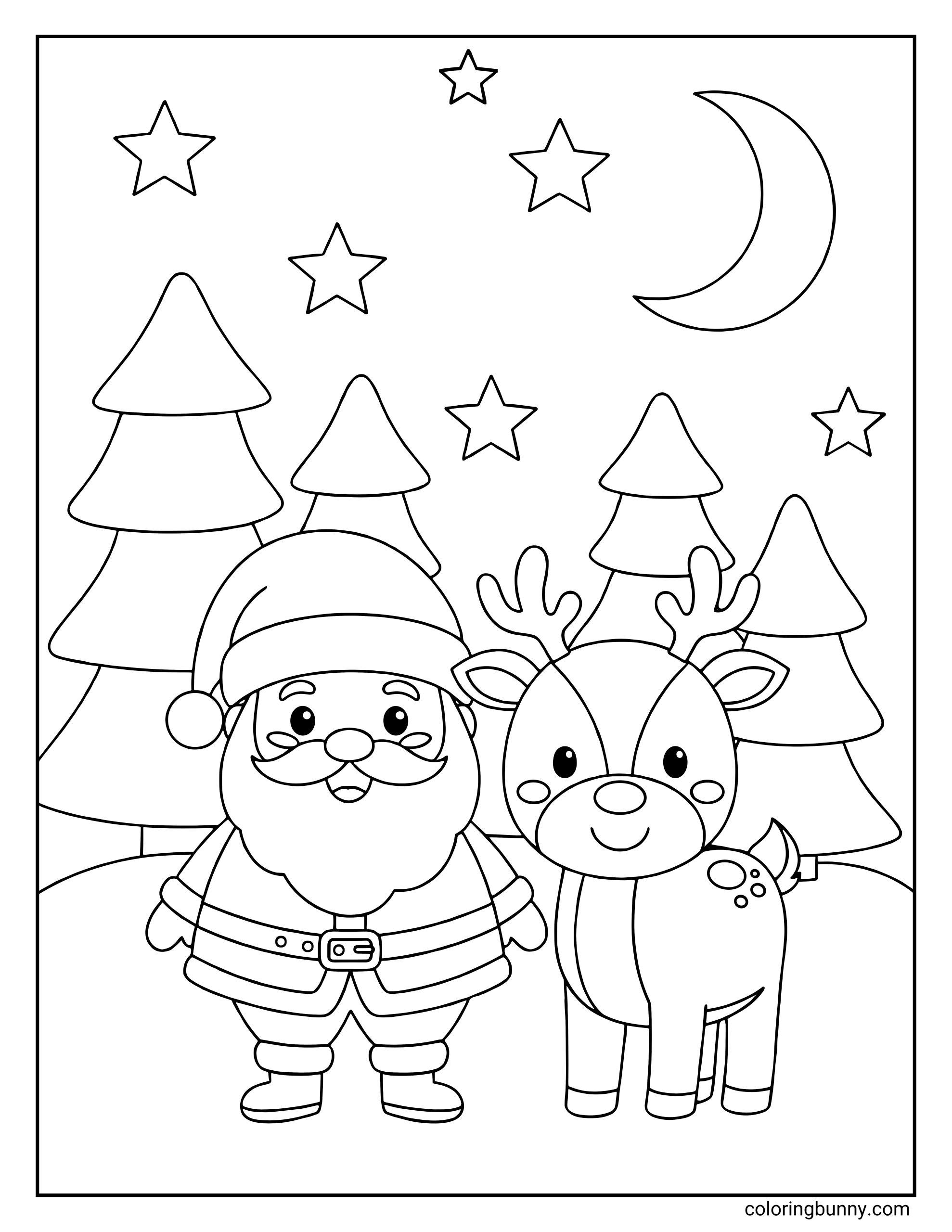 Coloring page of a cute Santa Claus standing next to a wide-eyed reindeer with pine trees, a crescent moon, and stars in the background.