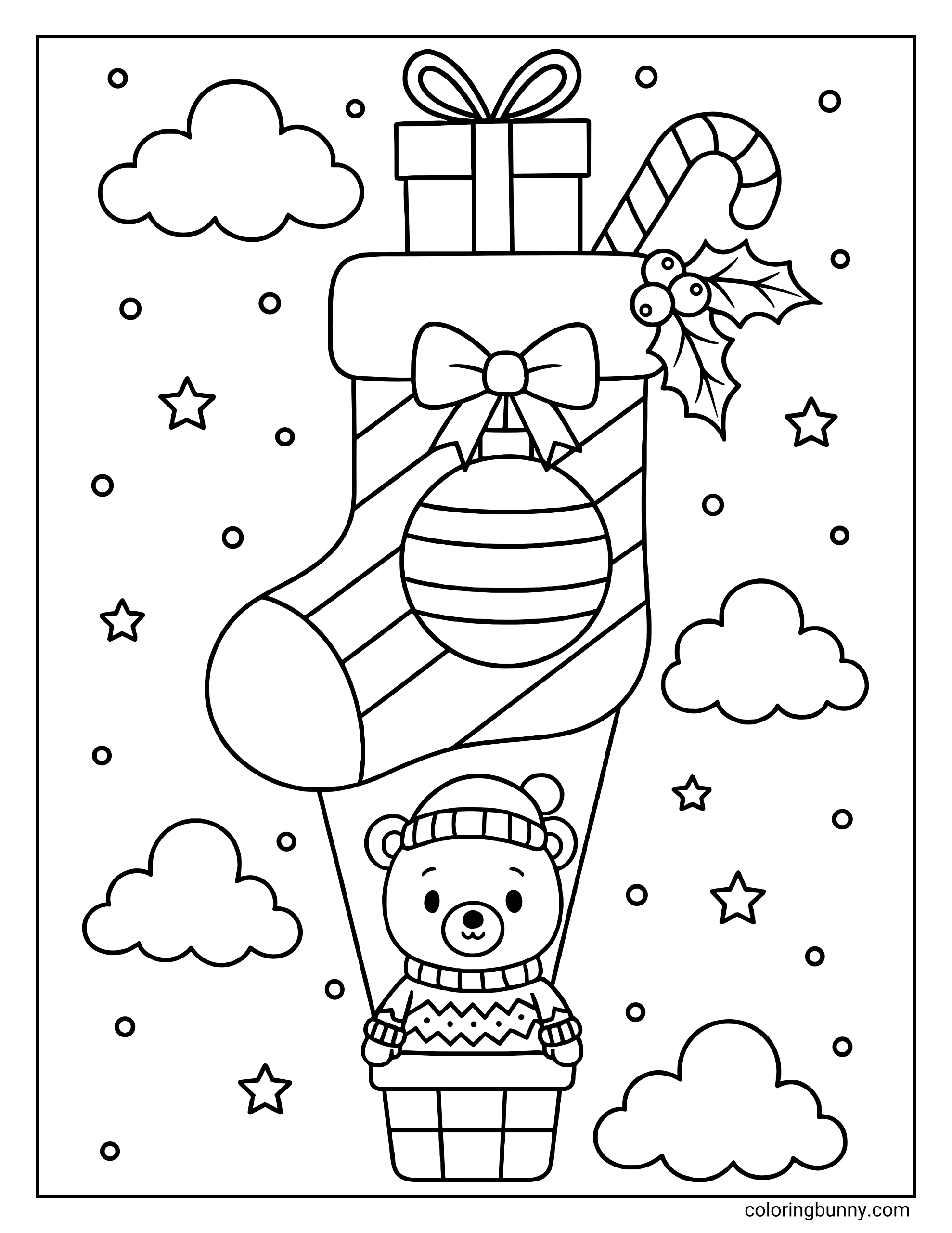 Cute bear in a sweater riding a hot air balloon shaped like a striped Christmas stocking coloring page
