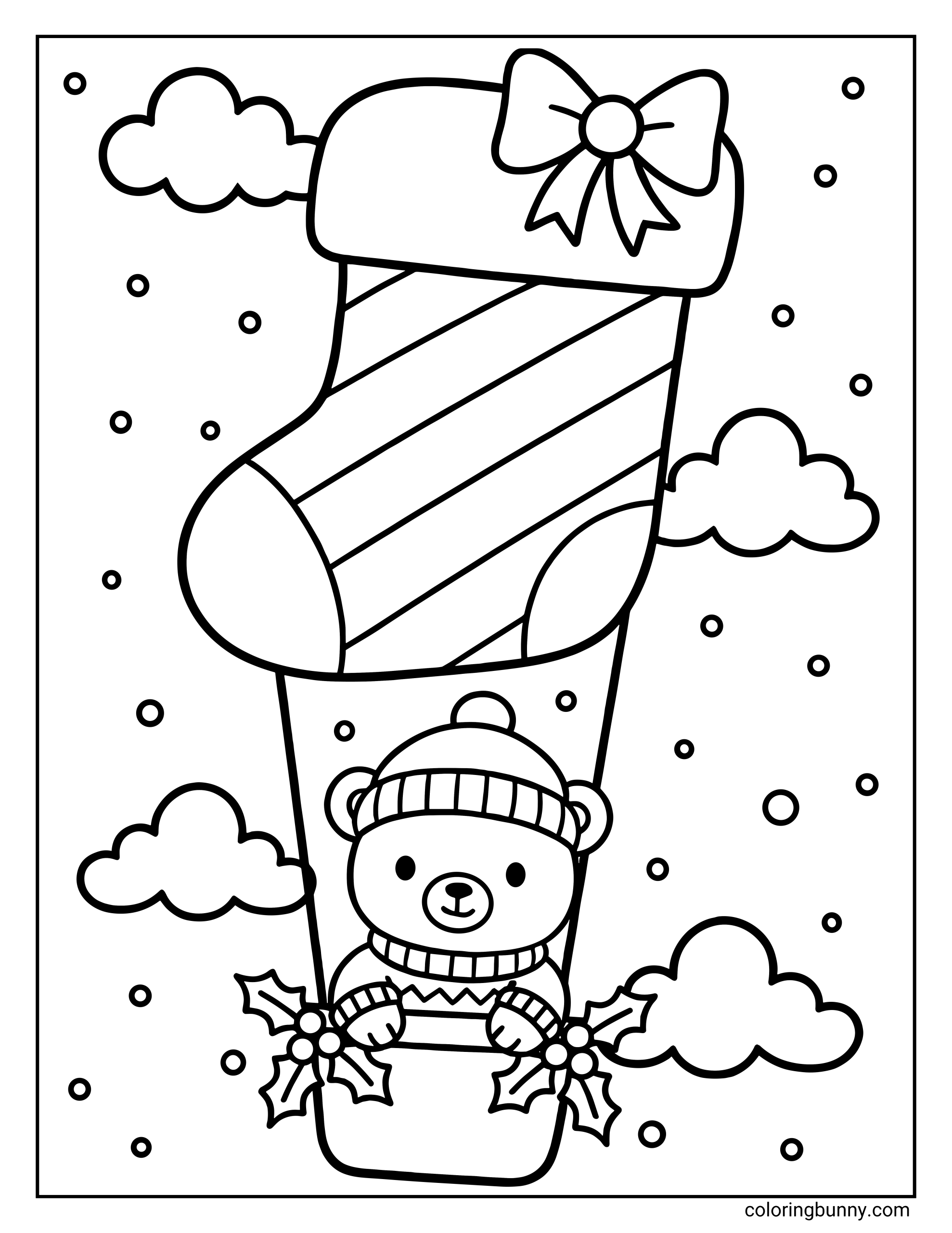 A Christmas coloring sheet featuring a teddy bear piloting a striped stocking hot air balloon decorated with holly.