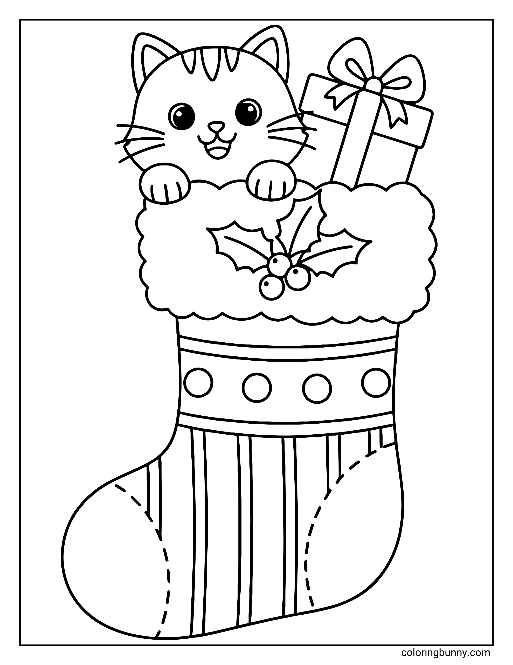 A Christmas stocking coloring page featuring a cute cat peeking out from the top of a fluffy stocking decorated with holly leaves and berries. A wrapped gift with a bow sits behind the cat, and the stocking has dotted stitching and stripe patterns. The design is framed inside a simple rectangular border.