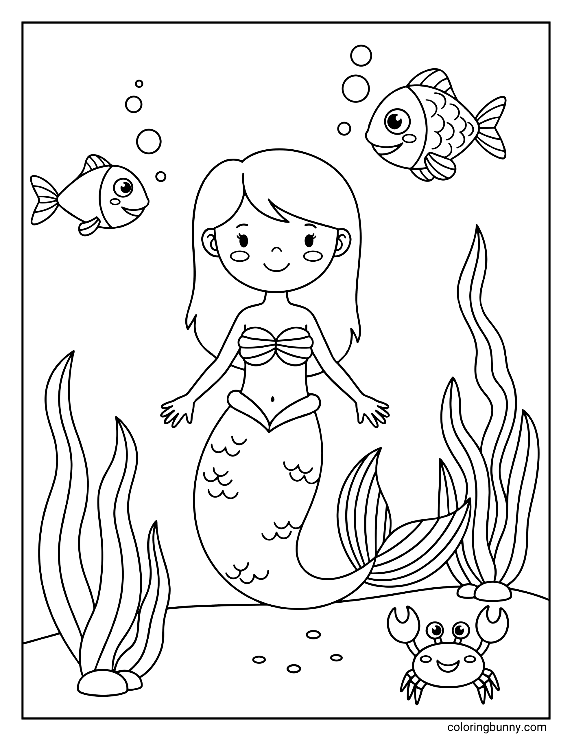 A coloring page featuring a simple mermaid floating between tall seaweed, accompanied by two swimming fish and a smiling crab at the bottom.