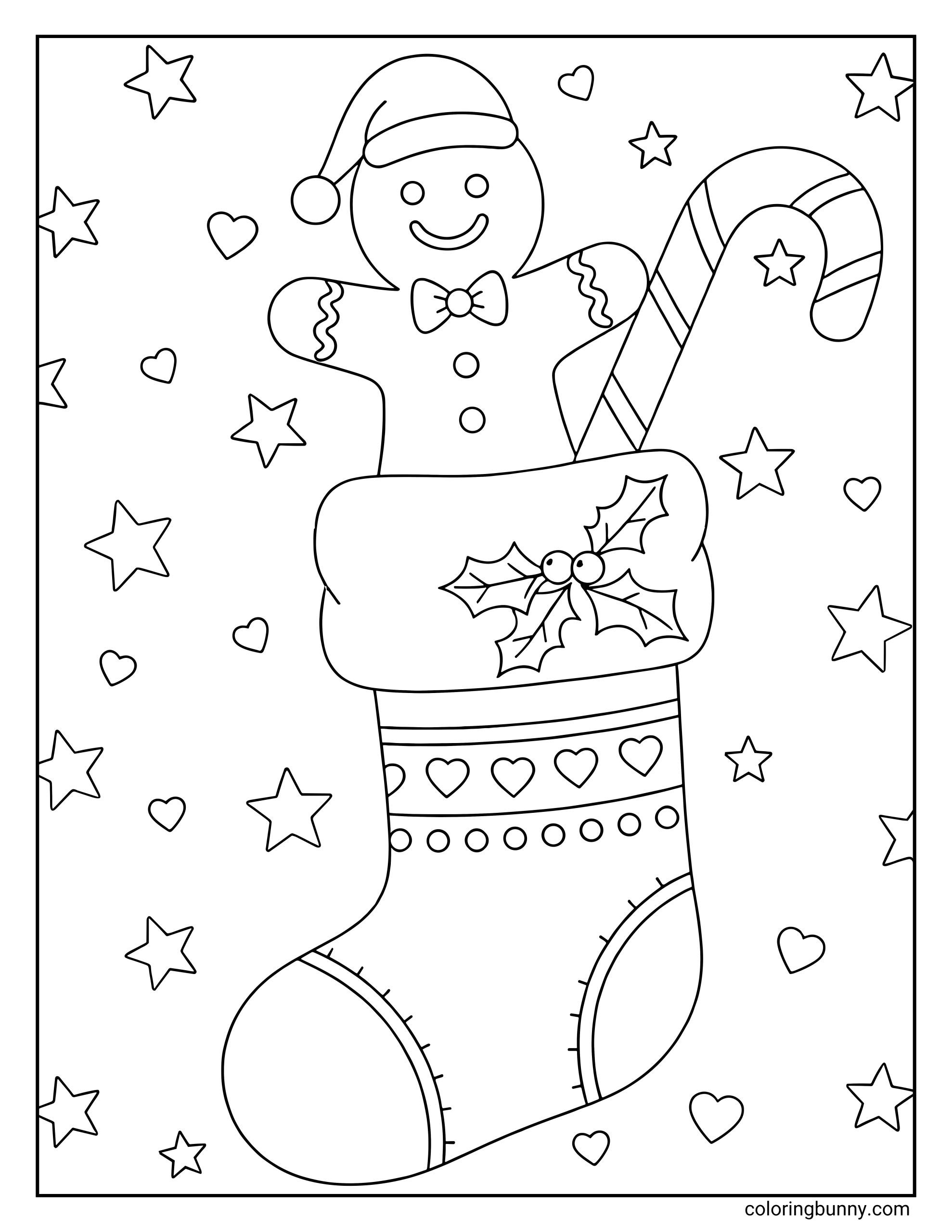 A coloring page of a gingerbread man wearing a Santa hat and bow tie inside a decorated Christmas stocking, accompanied by a large candy cane and surrounded by stars and hearts.