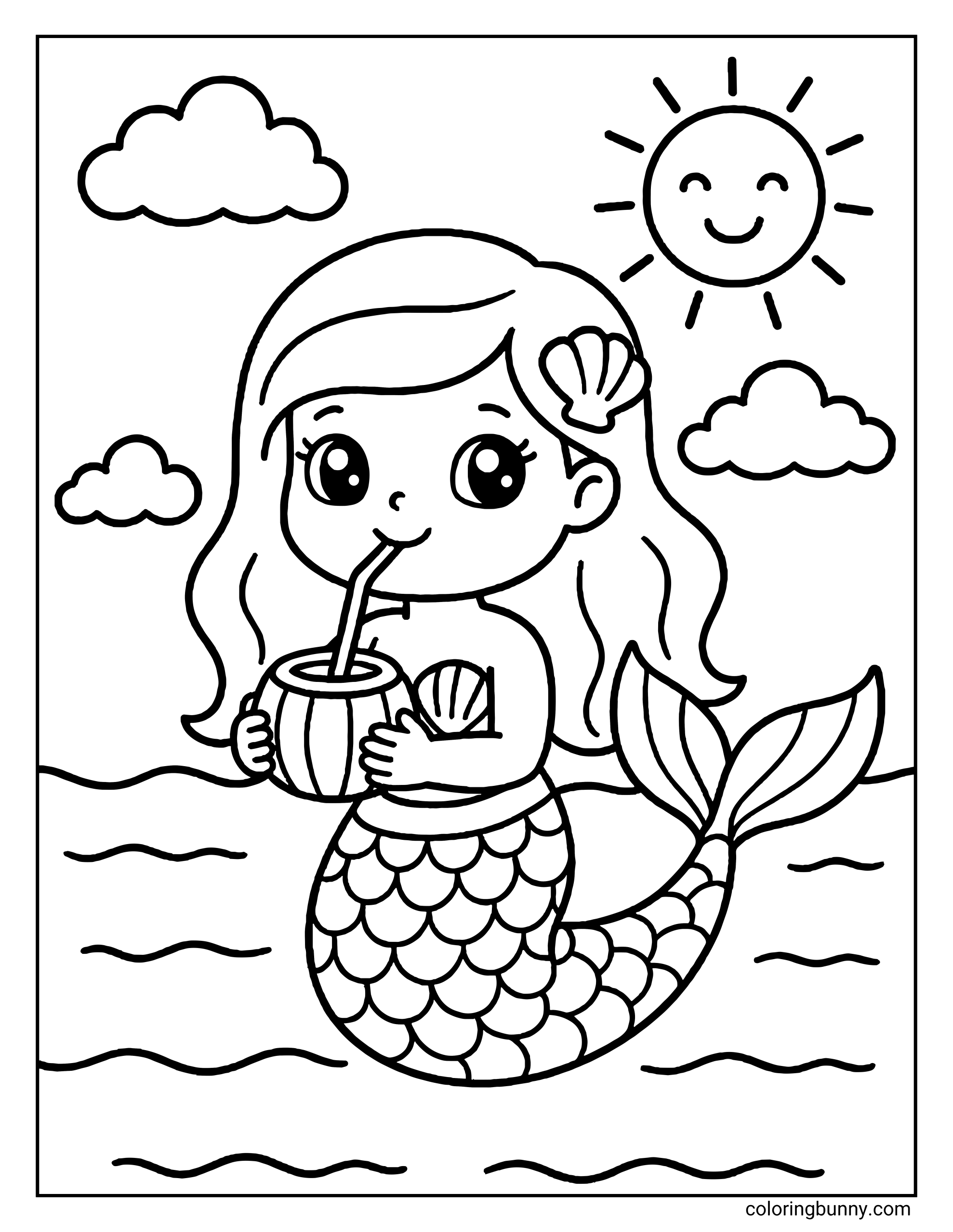 A coloring page of a cute ocean girl holding a coconut drink with a straw, sitting in the waves under a happy sun.