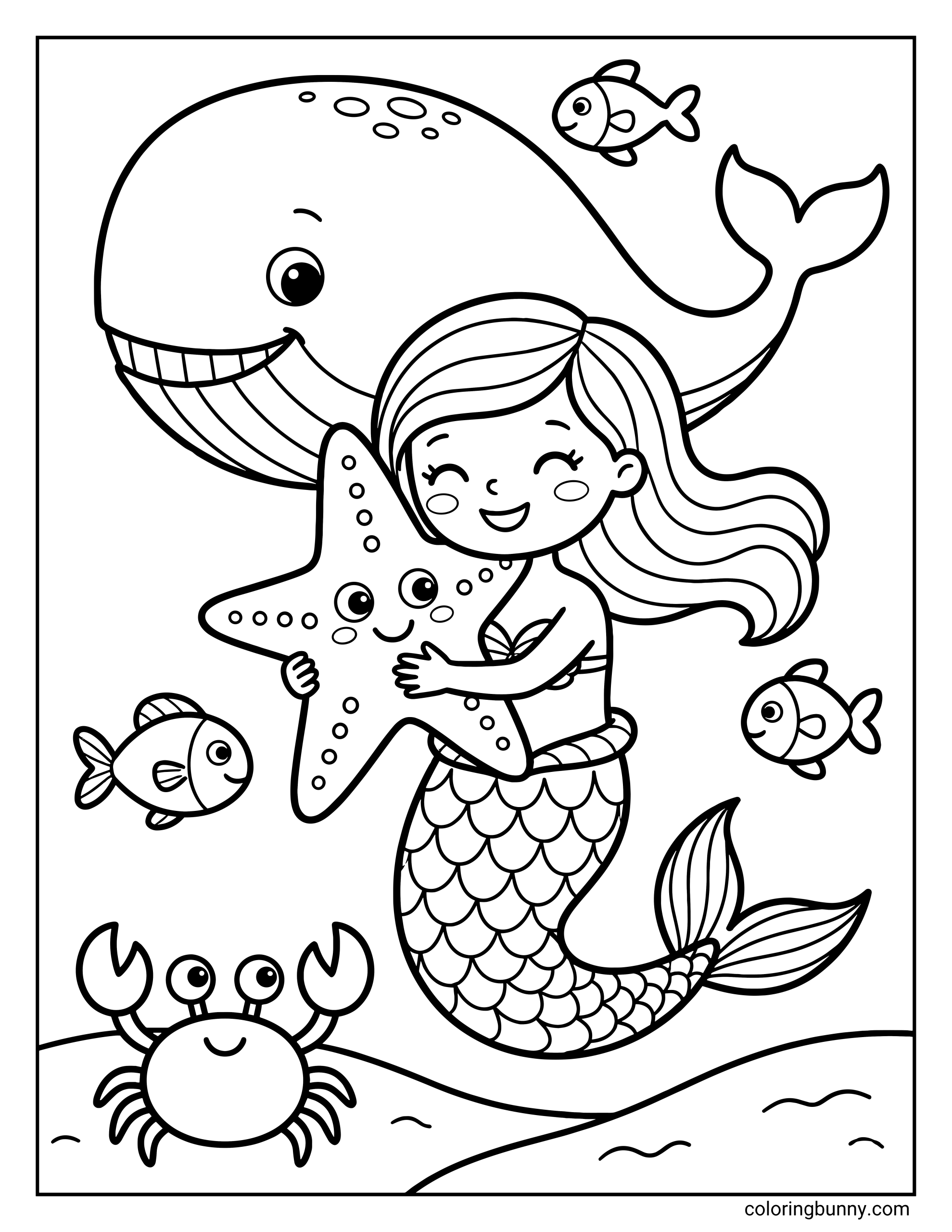 A coloring page of a smiling mermaid hugging a large starfish, with a large whale swimming above and a crab at the bottom.