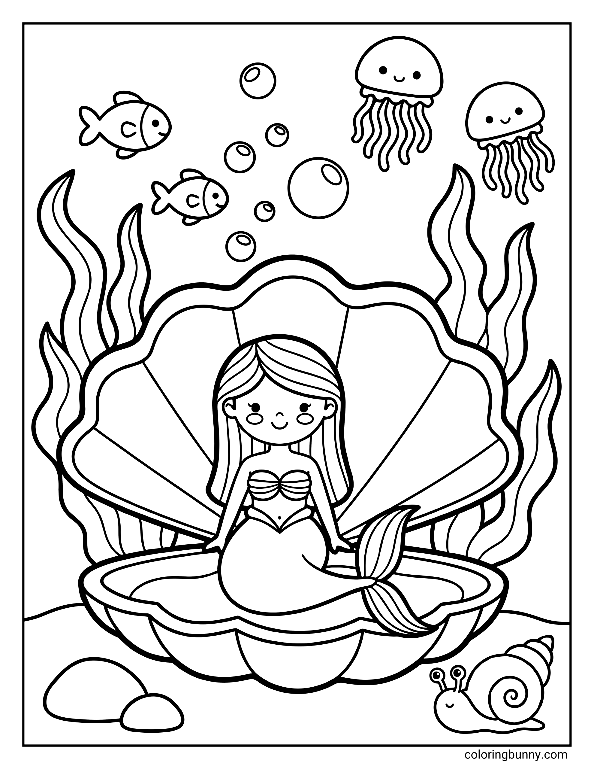 A coloring page featuring a cute mermaid sitting cross-legged inside a large open shell, surrounded by tall seaweed, bubbles, small fish, jellyfish, and a snail.