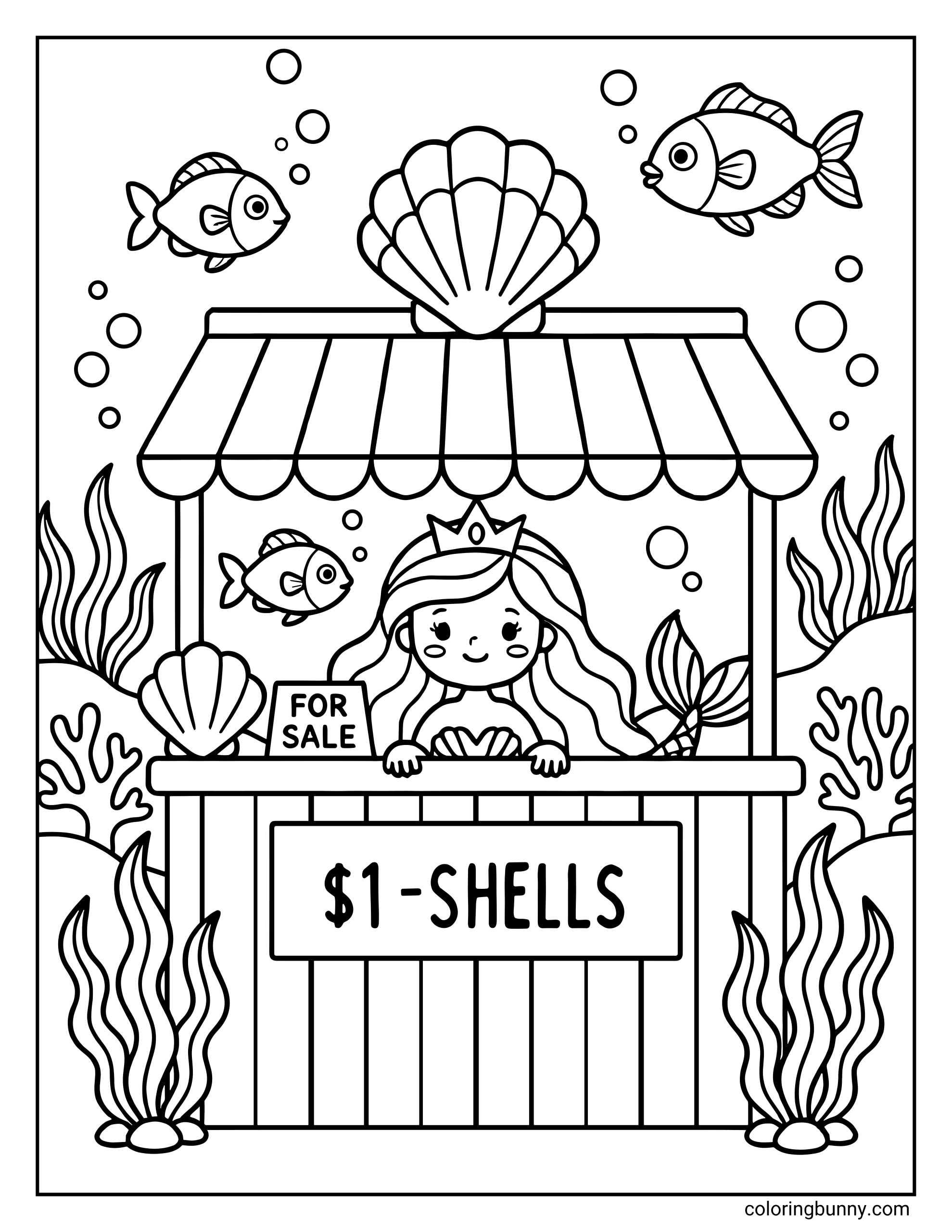 A mermaid coloring page of a cute mermaid princess wearing a crown, standing behind a market stall with a striped awning and a sign reading "$1-SHELLS," surrounded by an underwater environment of swimming fish and seaweed.