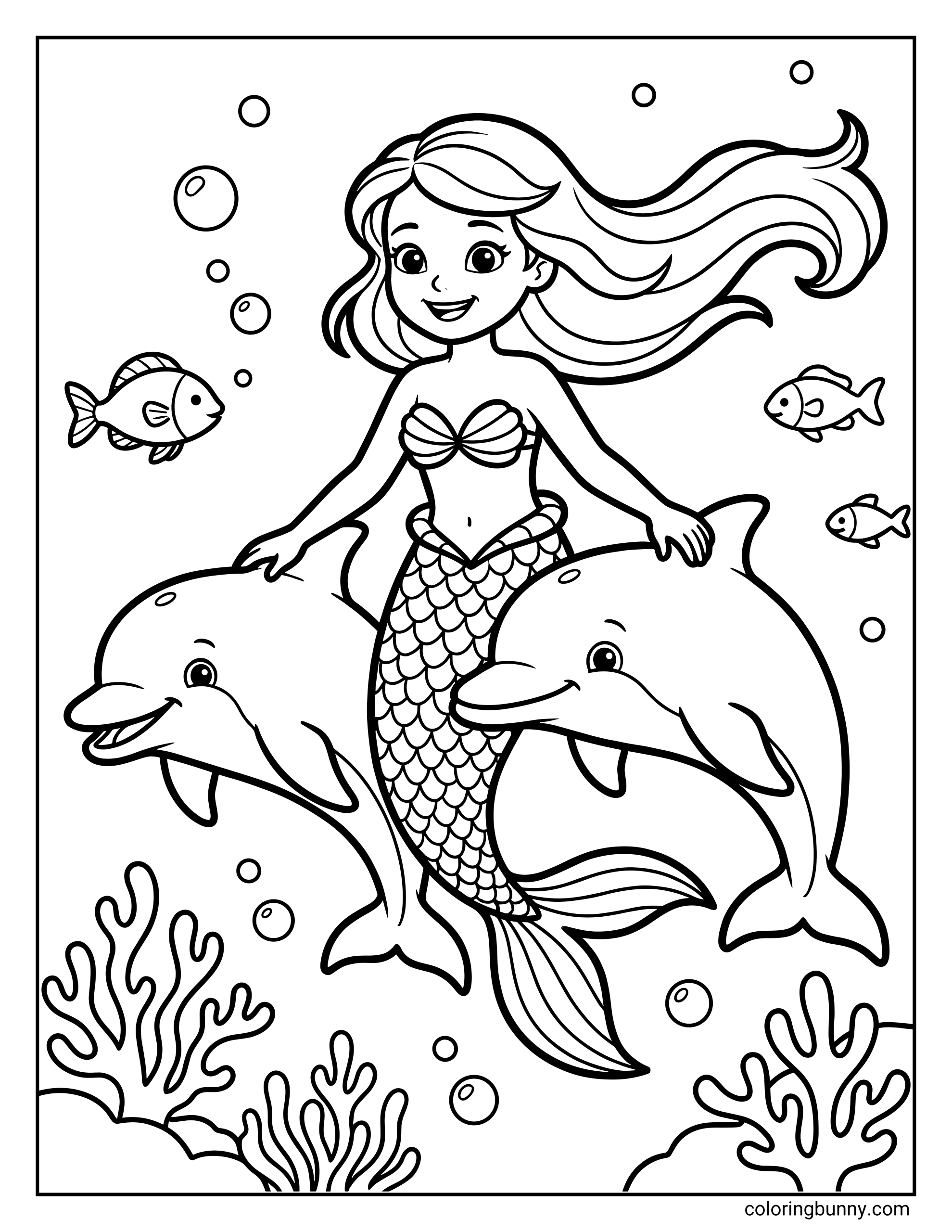 A coloring page of a smiling mermaid holding onto two dolphins while swimming underwater, surrounded by bubbles and fish.