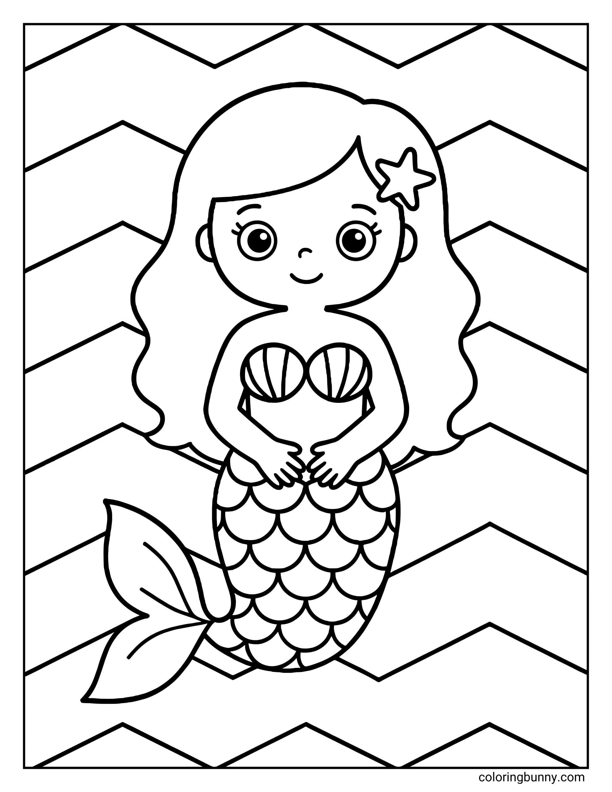 A coloring page of a mermaid with a starfish in her wavy hair, posing against a background of bold zigzag chevron lines.