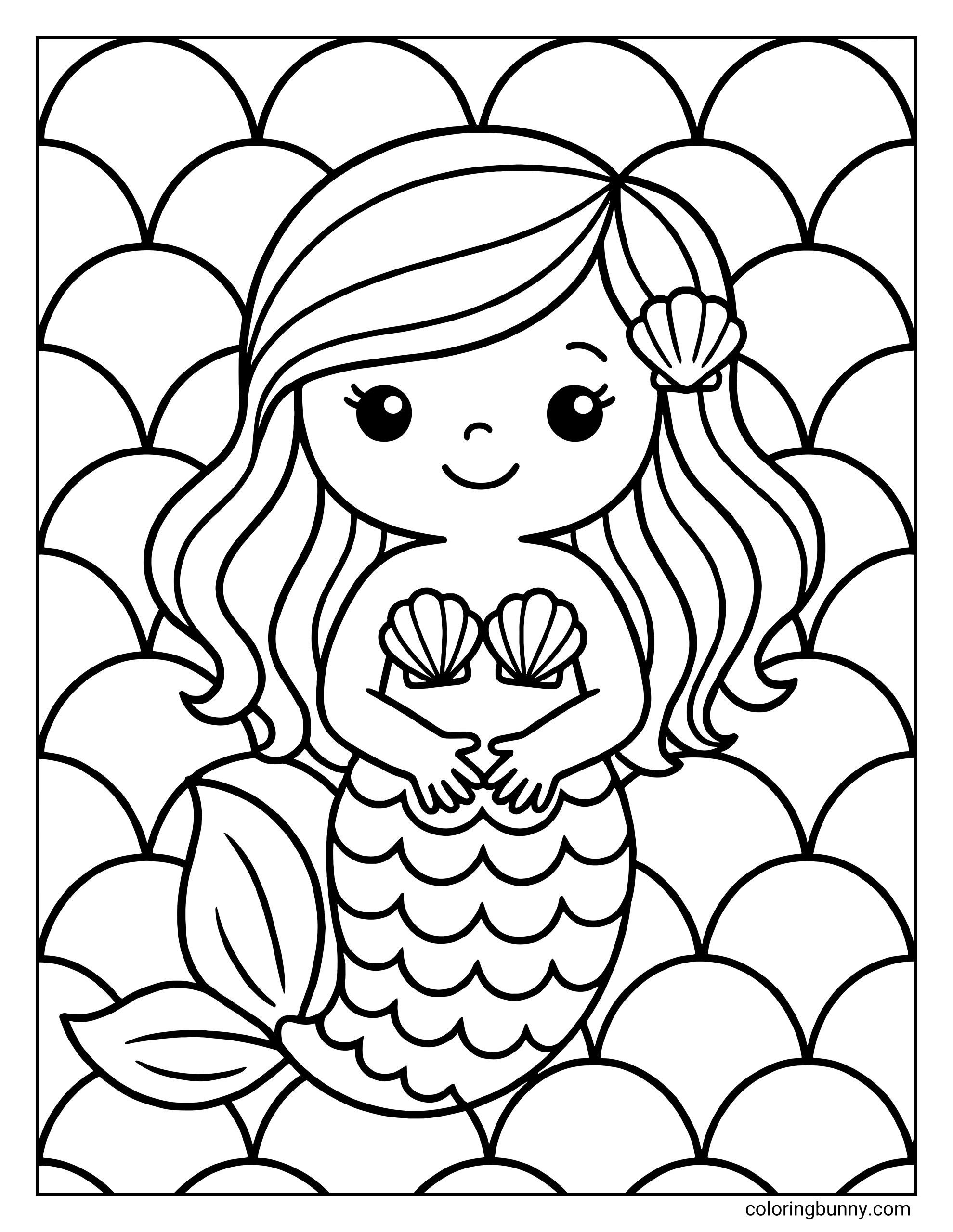A coloring page of a cute mermaid with a seashell in her hair, posing against a background filled with a repeating scallop shell pattern.