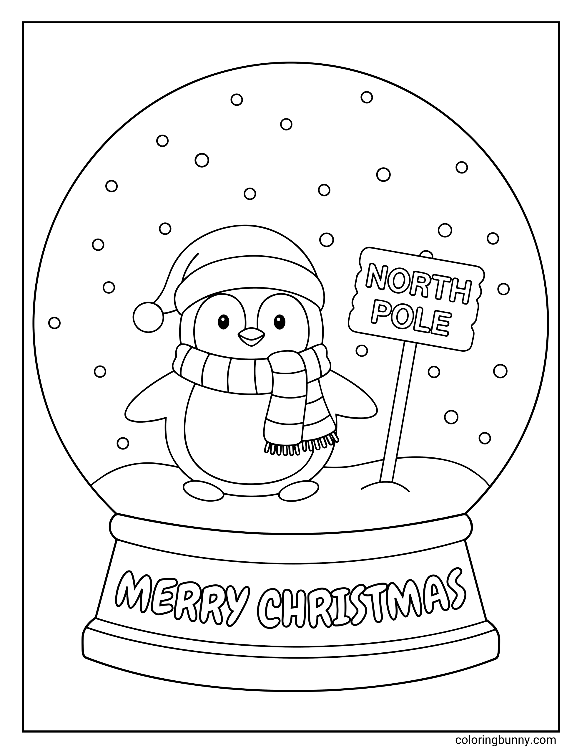 Christmas snow globe coloring page featuring a cute penguin wearing a hat and scarf next to a North Pole sign, with "MERRY CHRISTMAS" written on the base.