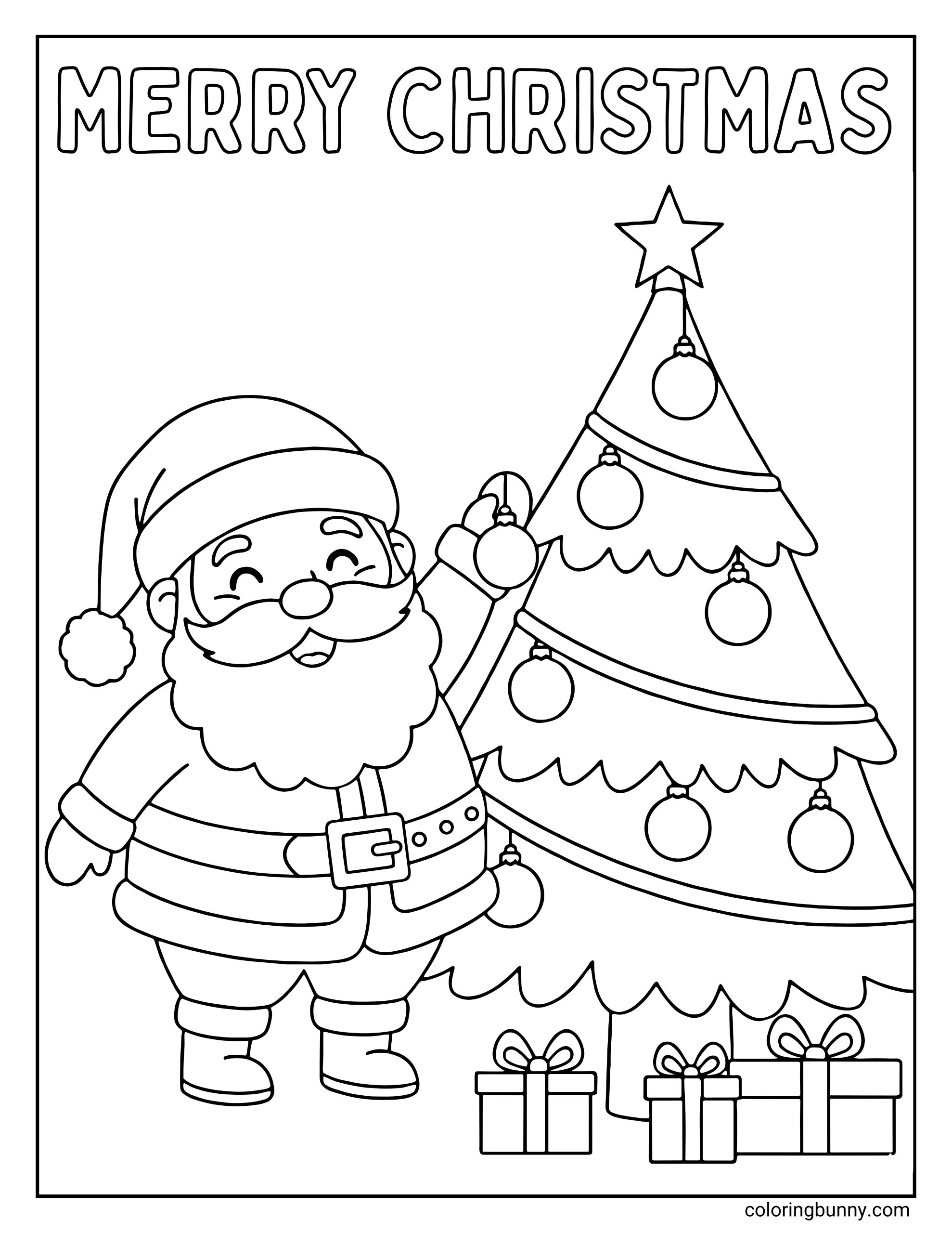 Santa coloring page featuring Santa Claus placing an ornament on a decorated tree with a star on top and presents at the bottom.
