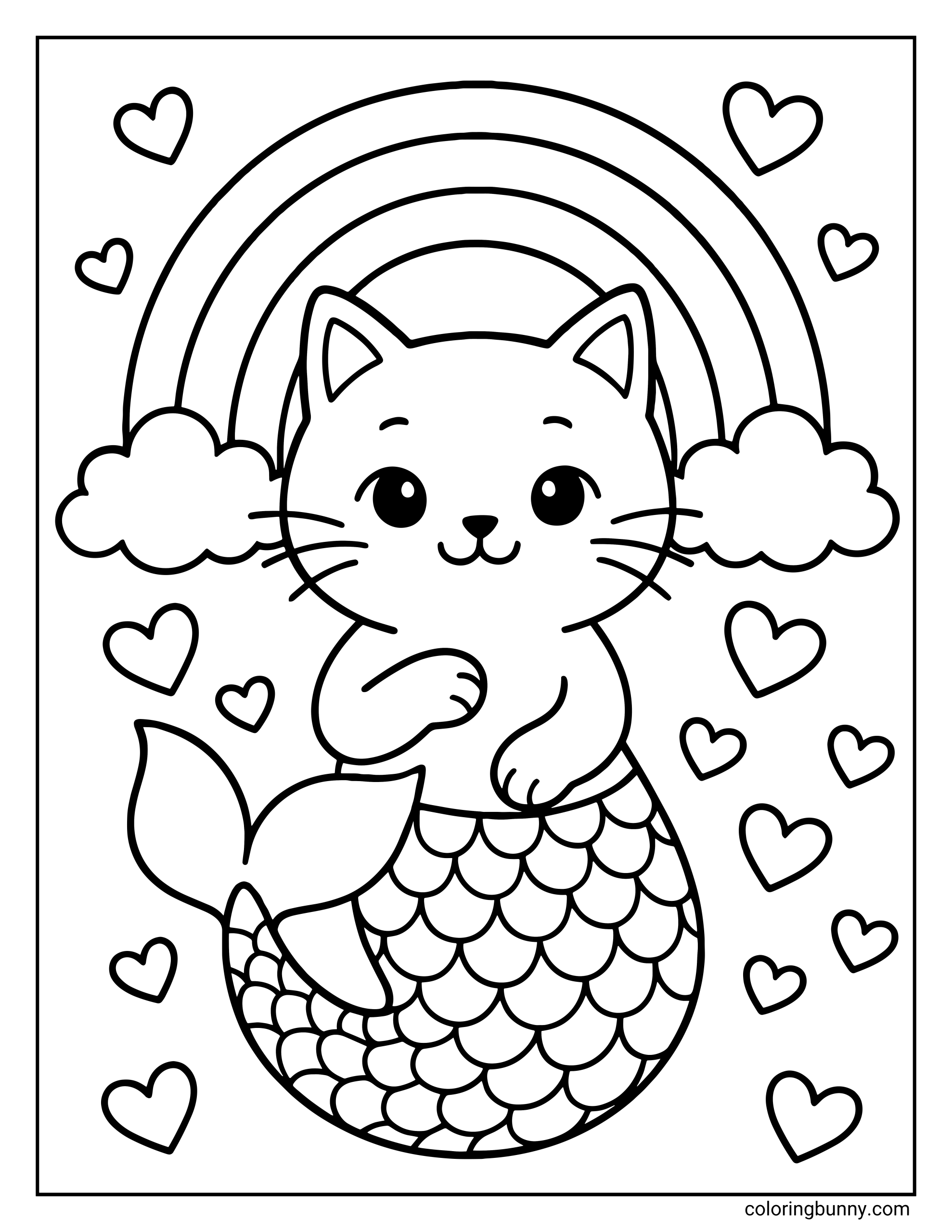 A coloring page of a cute cat with a mermaid tail, sitting in front of a rainbow and clouds, surrounded by many floating hearts.