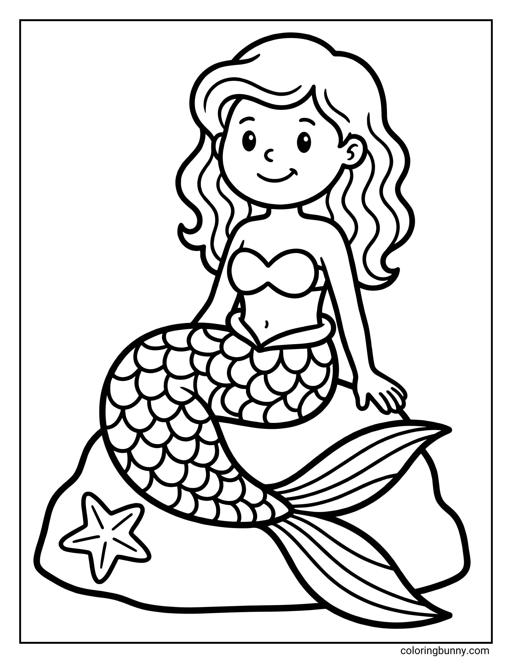 An easy kids coloring page of a mermaid with long wavy hair sitting on a large rock with a starfish at the bottom.