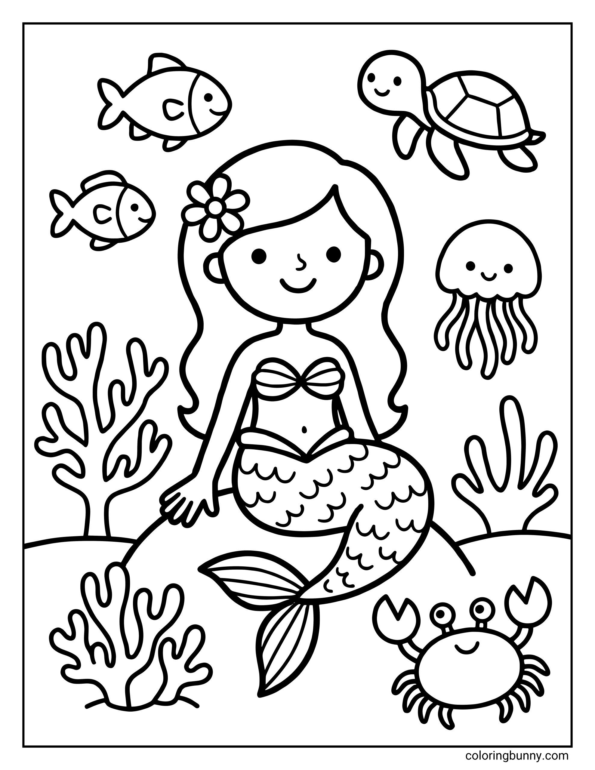 An easy coloring page of a mermaid sitting on a rock, surrounded by underwater friends like a sea turtle, jellyfish, and a smiling crab.